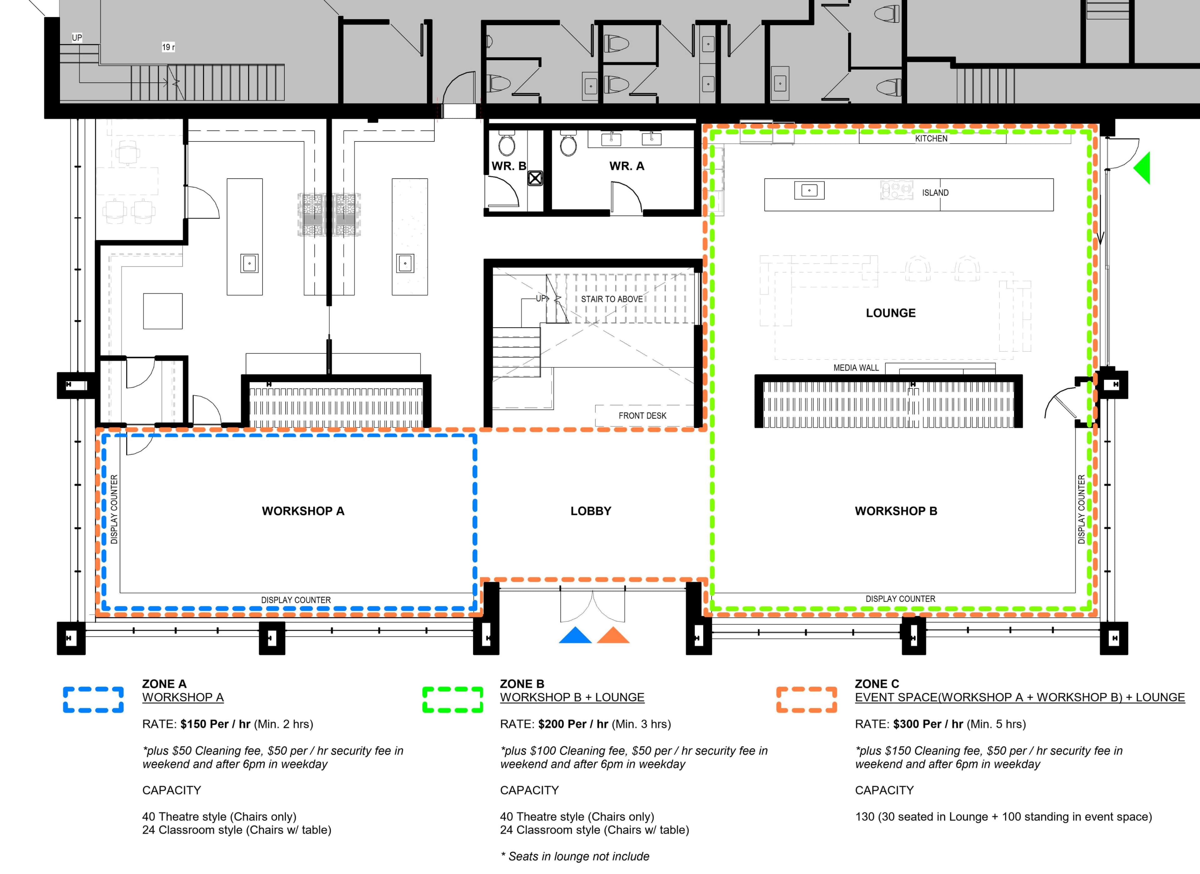 A floor plan layout of a venue with designated zones for workshops, lounges, and an event space, along with their respective capacities and rates.