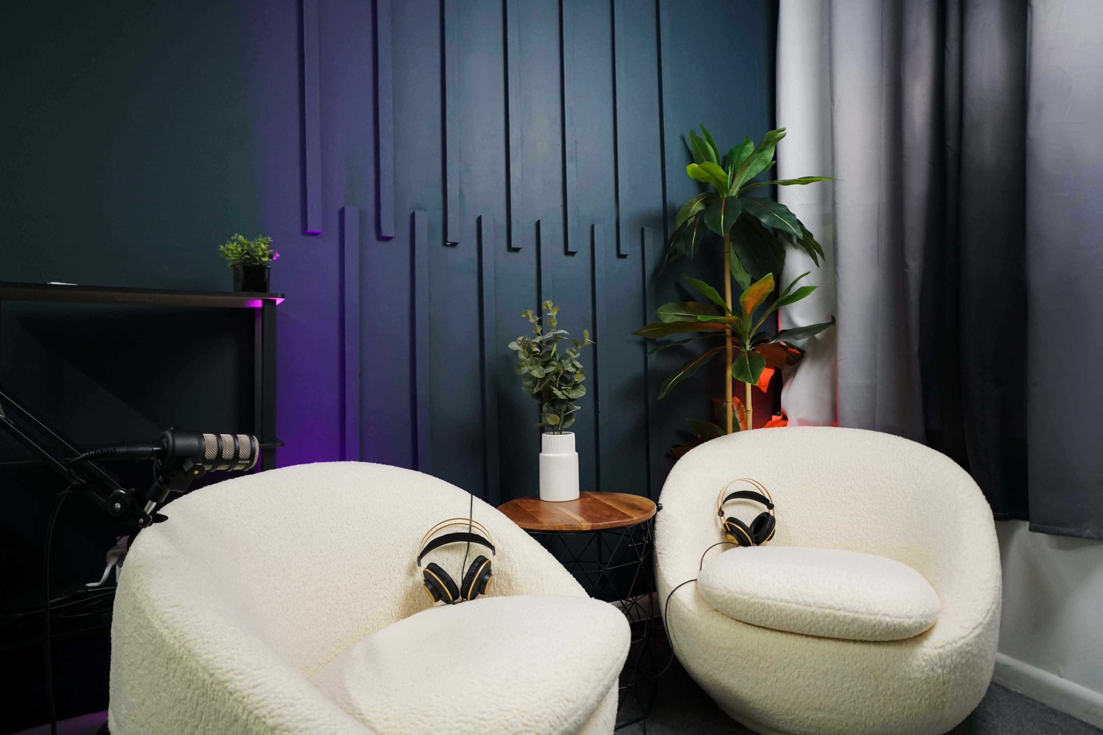 A cozy corner with two white chairs, a small table with a plant, and a microphone on a stand against a textured wall.