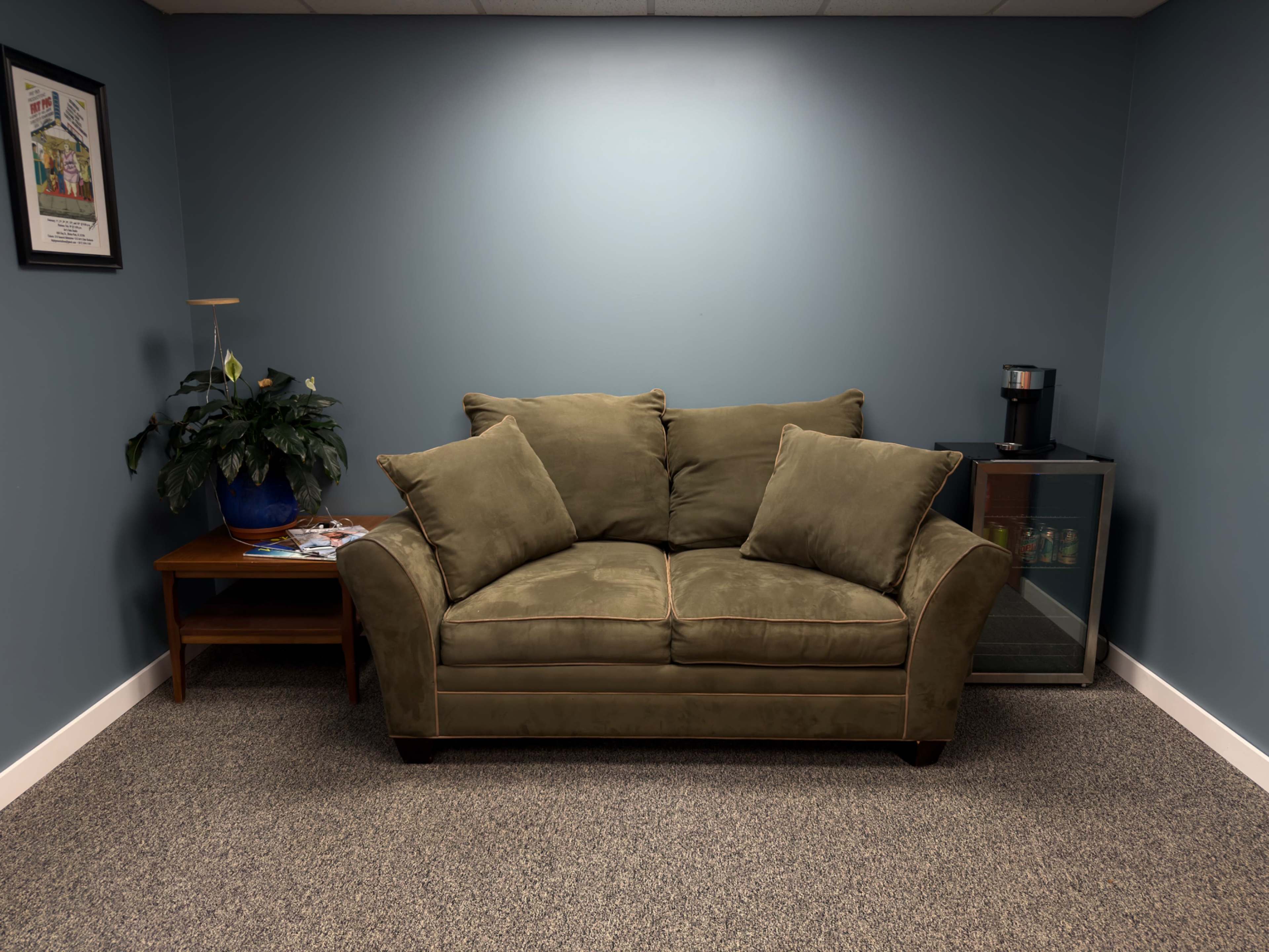 The image shows a small, cozy room featuring a brown couch, a side table with a plant, and a small beverage station next to a blue wall.