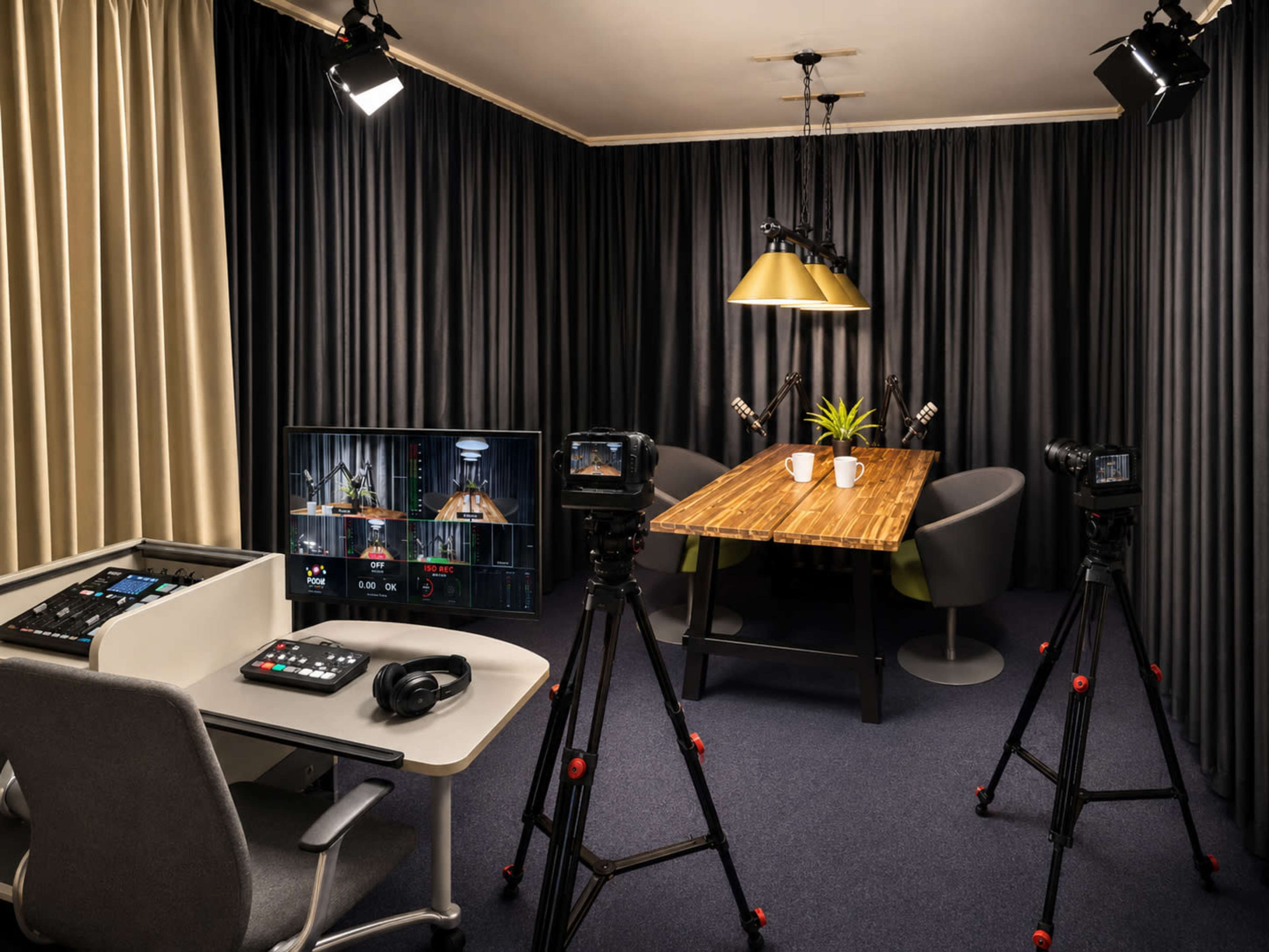 The image shows a dimly lit studio setup with a wooden table surrounded by chairs, two cameras positioned in front, and a control panel with audio equipment on one side.