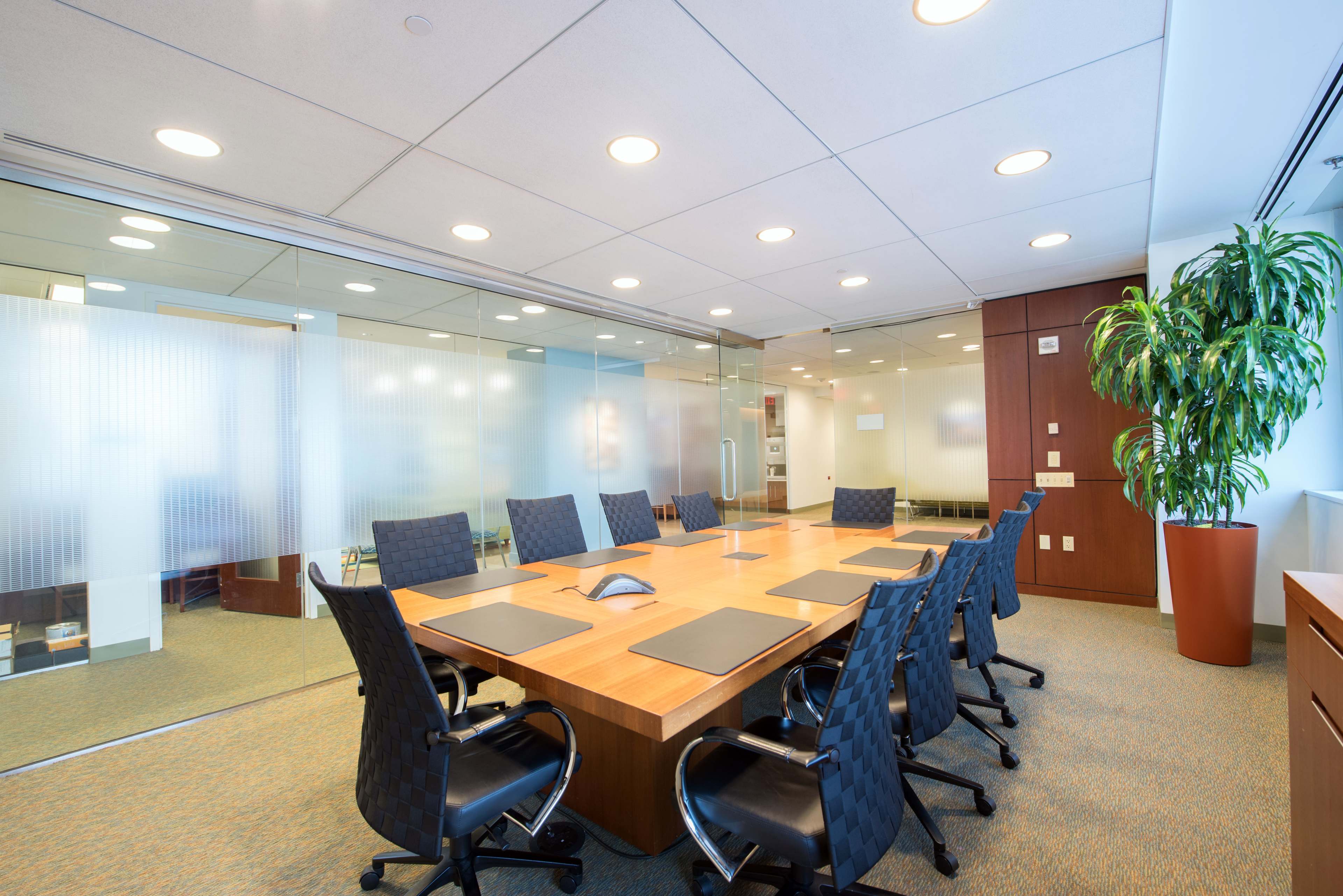 A modern conference room features a large wooden table surrounded by black swivel chairs, with glass walls and a potted plant in the corner.