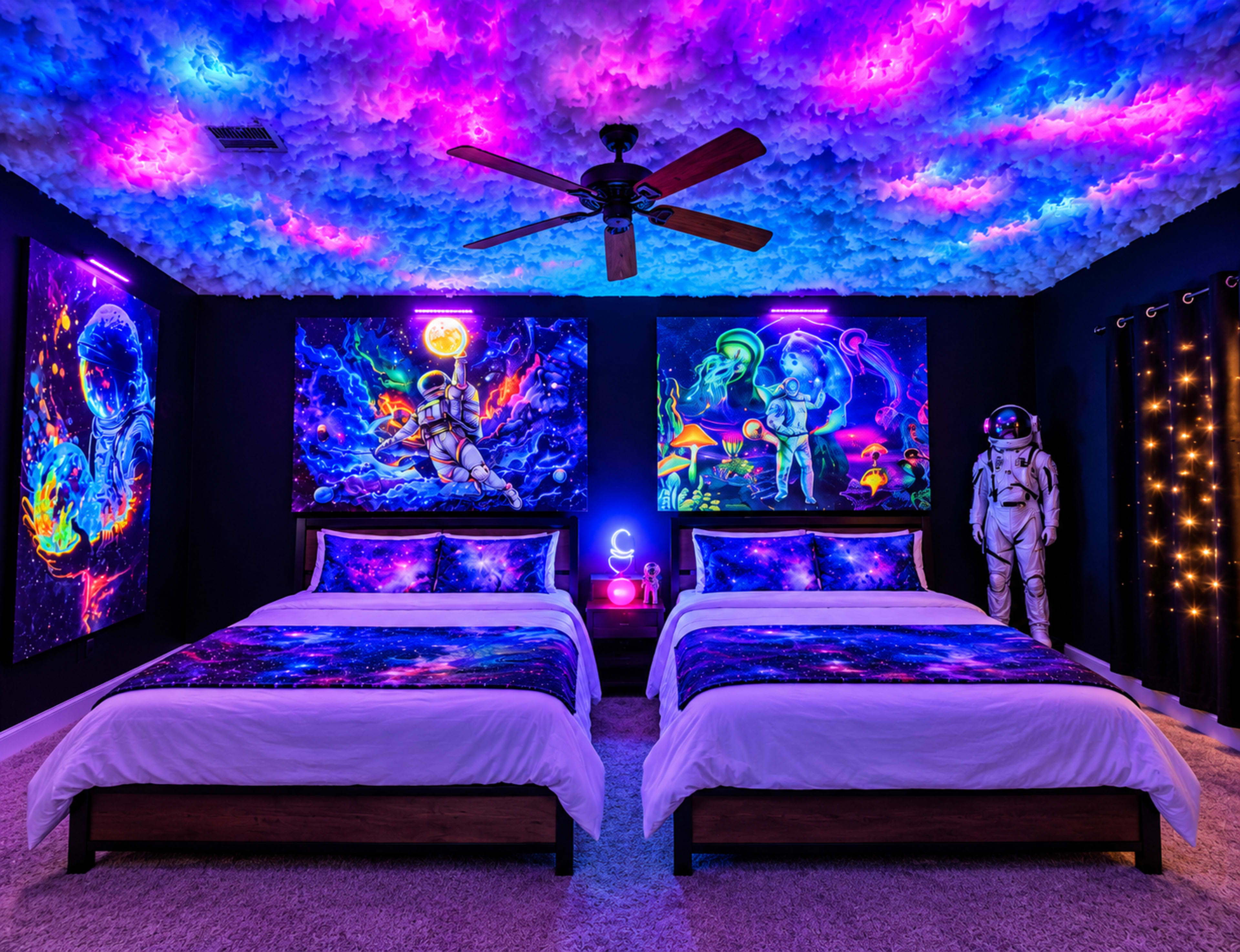 The image features a vibrant bedroom with two beds, colorful space-themed wall art, a cloud ceiling, and ambient lighting.