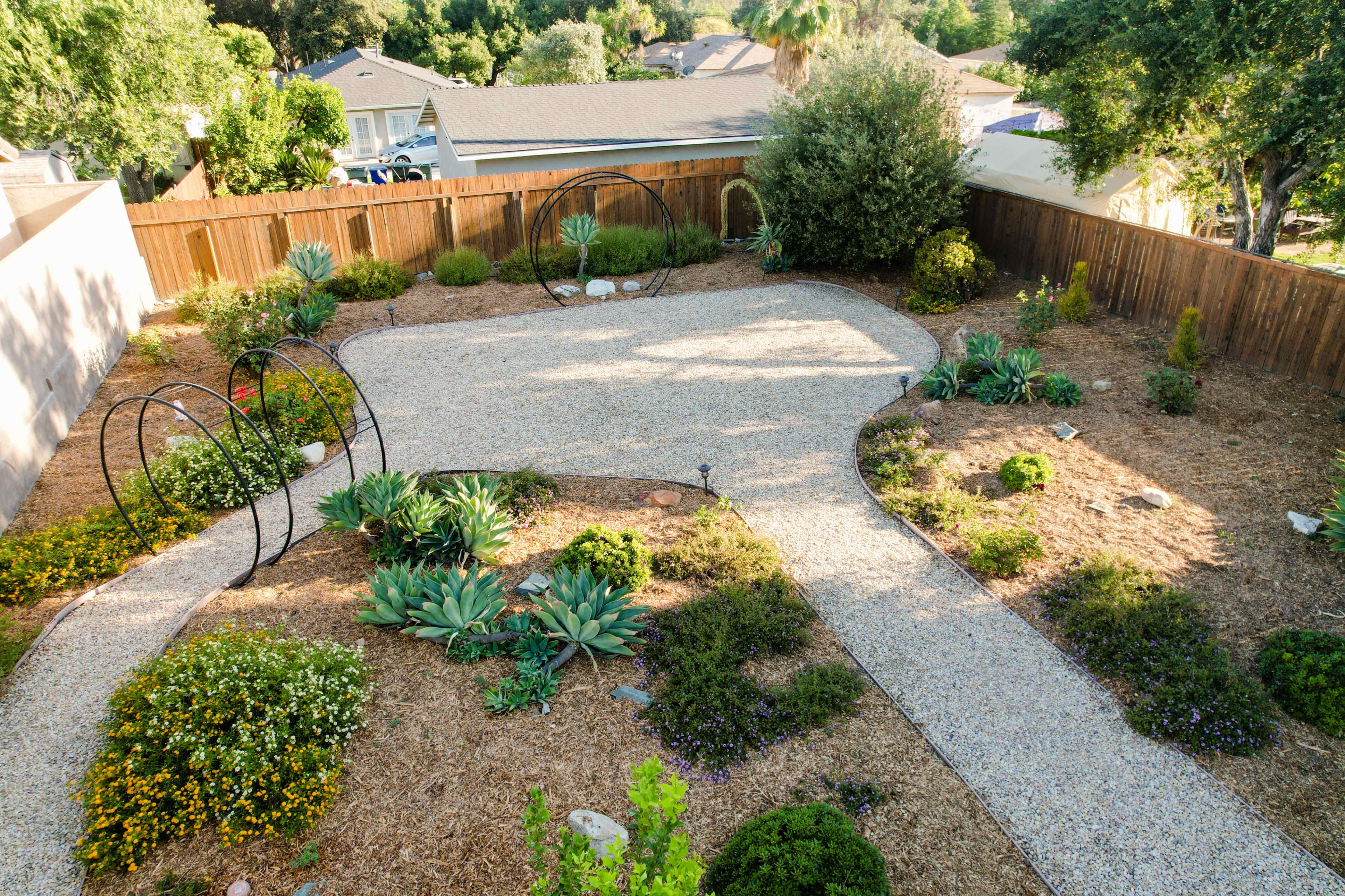 A landscaped backyard with gravel pathways, various shrubs, and plants, framed by a wooden fence.