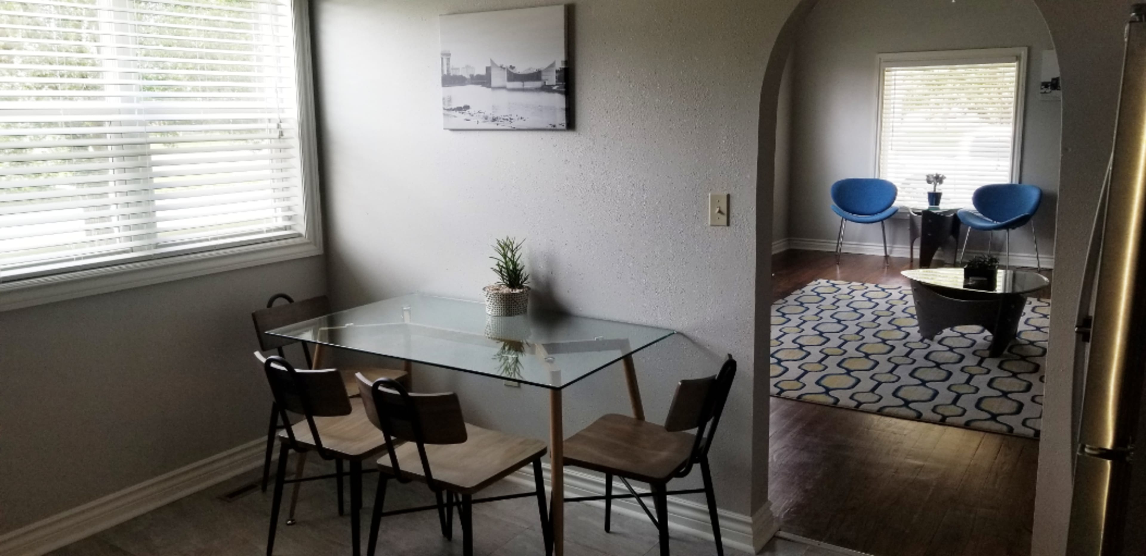A dining area features a glass table with four chairs and a small plant, adjacent to a living space with a blue rug and two blue chairs.