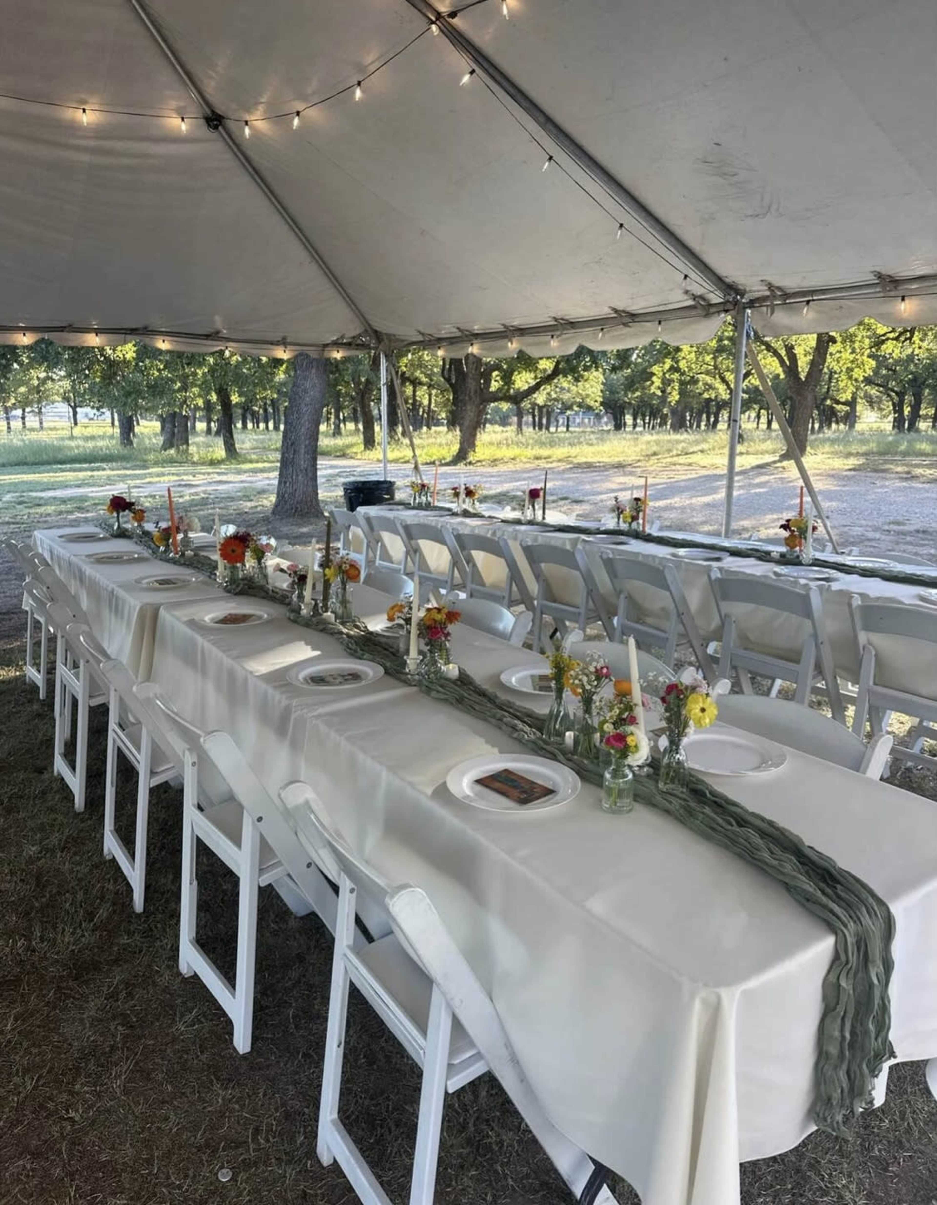 A long table setup is arranged under a tent, featuring white tablecloths, plates, centerpieces with flowers, and candles, amidst a grassy outdoor setting.
