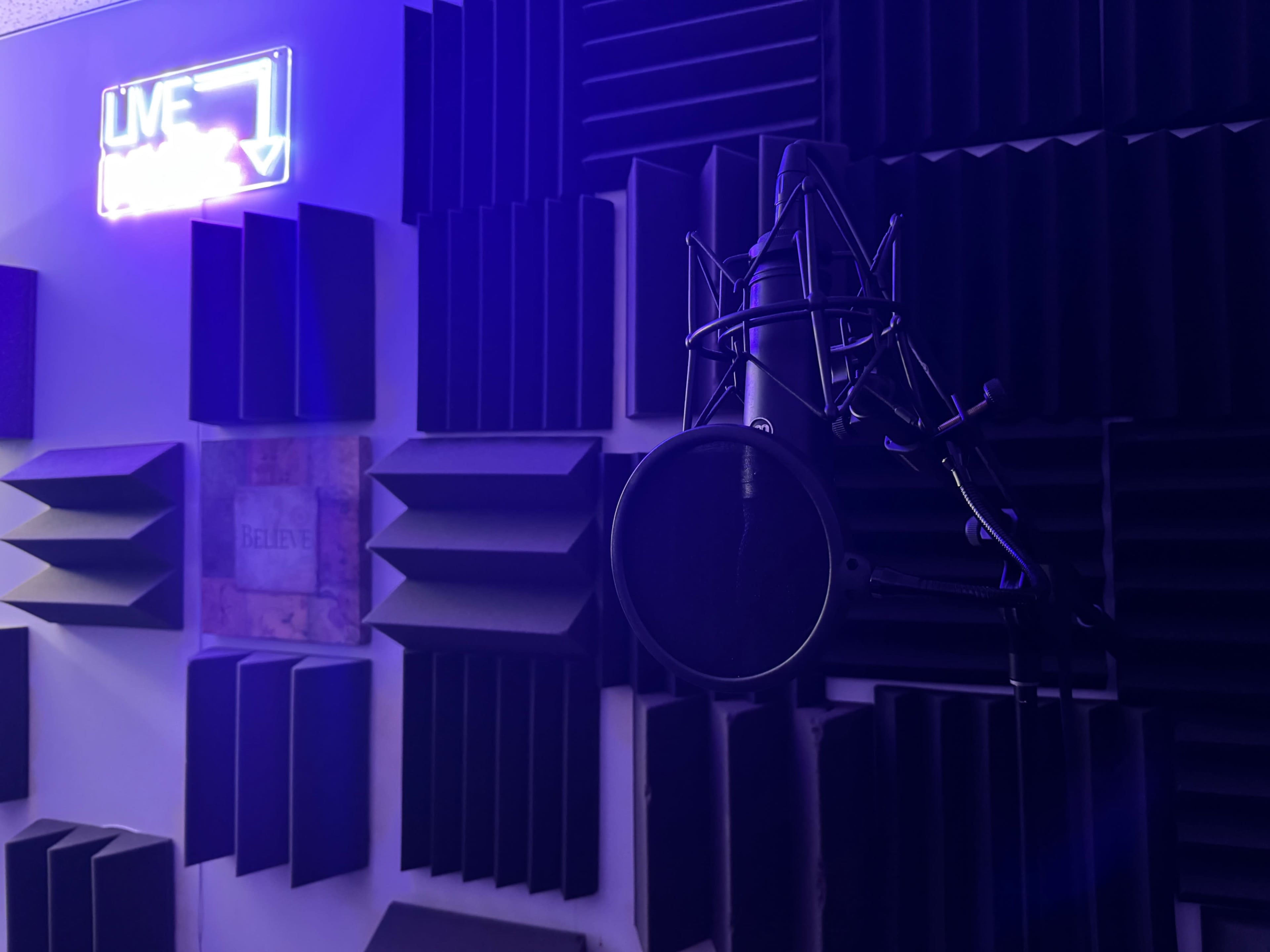 The image shows a microphone mounted on a stand in a soundproofed recording studio, with acoustic panels on the walls and a neon sign glowing in the background.