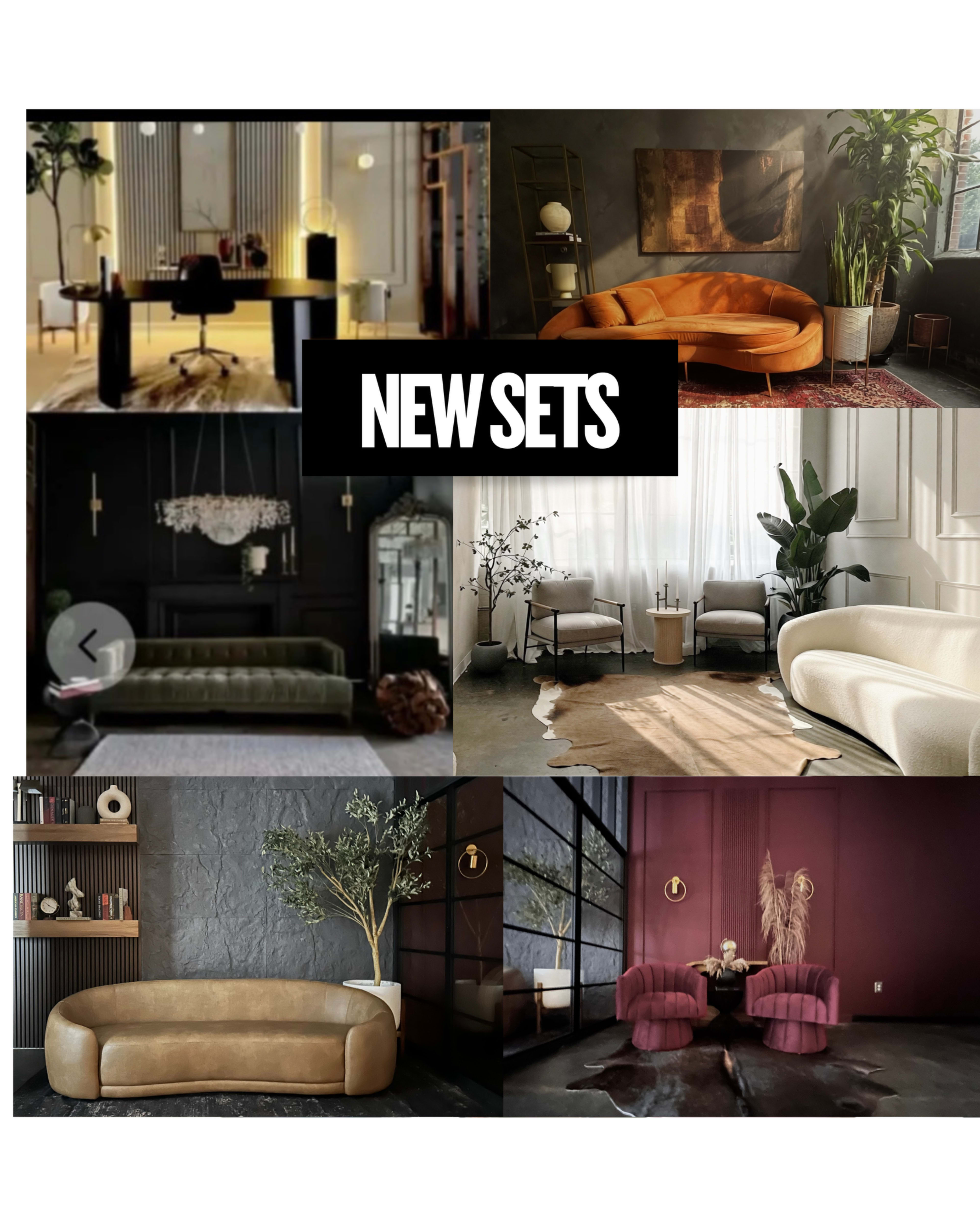 The image showcases a collection of six distinct interior design setups, featuring various sofa styles, decor elements, and lighting arrangements across different color schemes and textures.