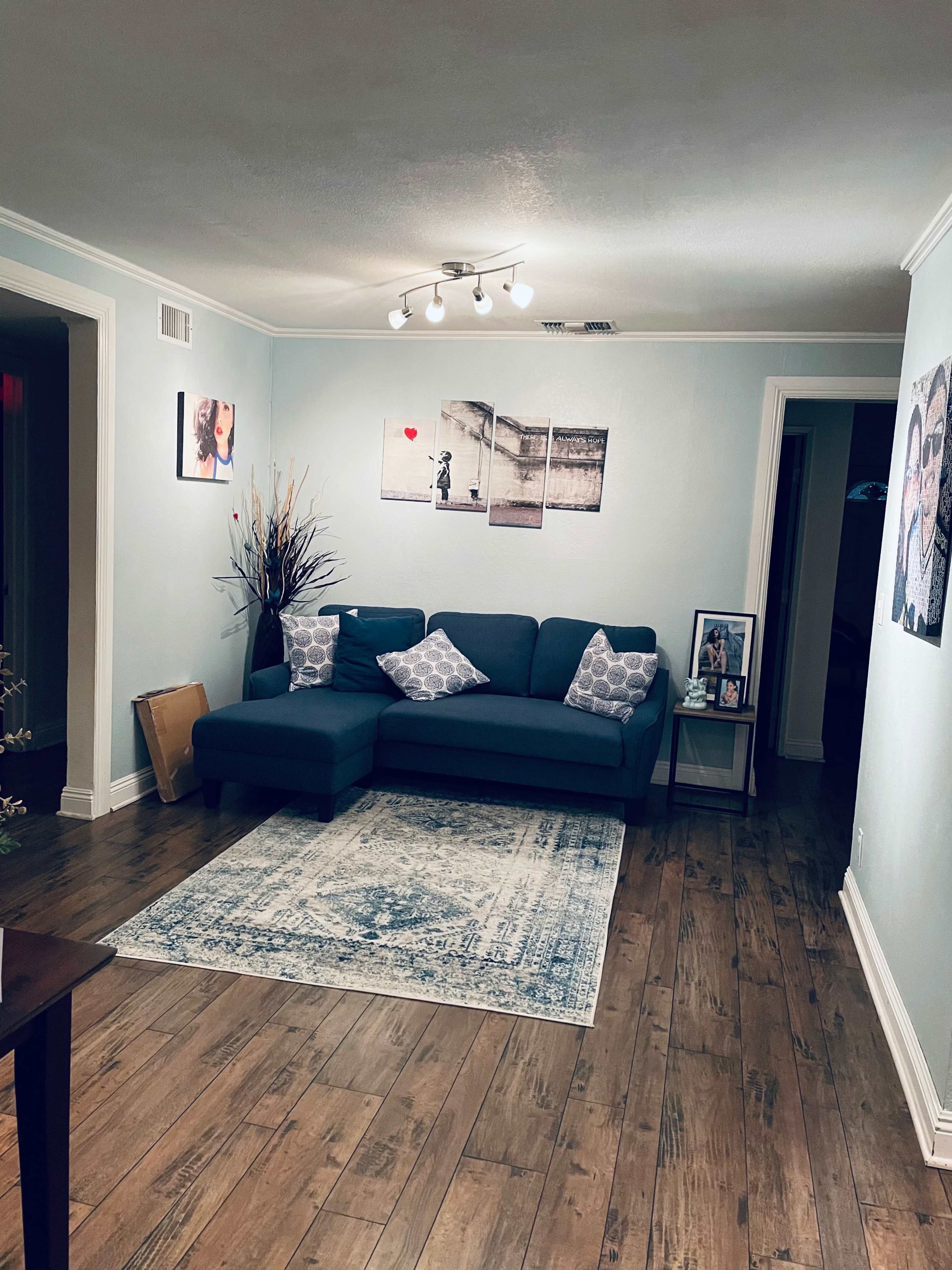 The living room features a blue couch with decorative pillows, a patterned rug, and framed photographs on the walls, illuminated by ceiling lights.