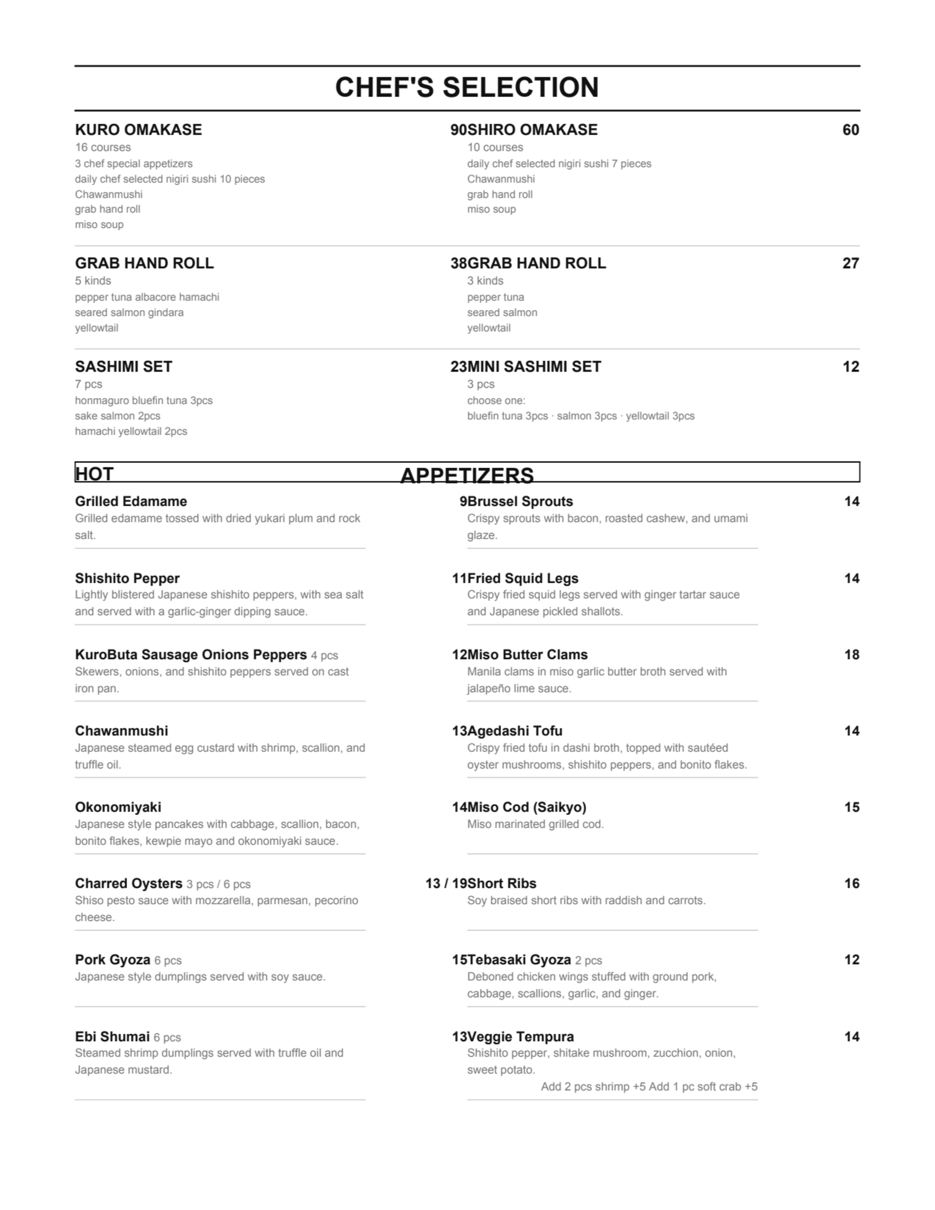 Menu offerings