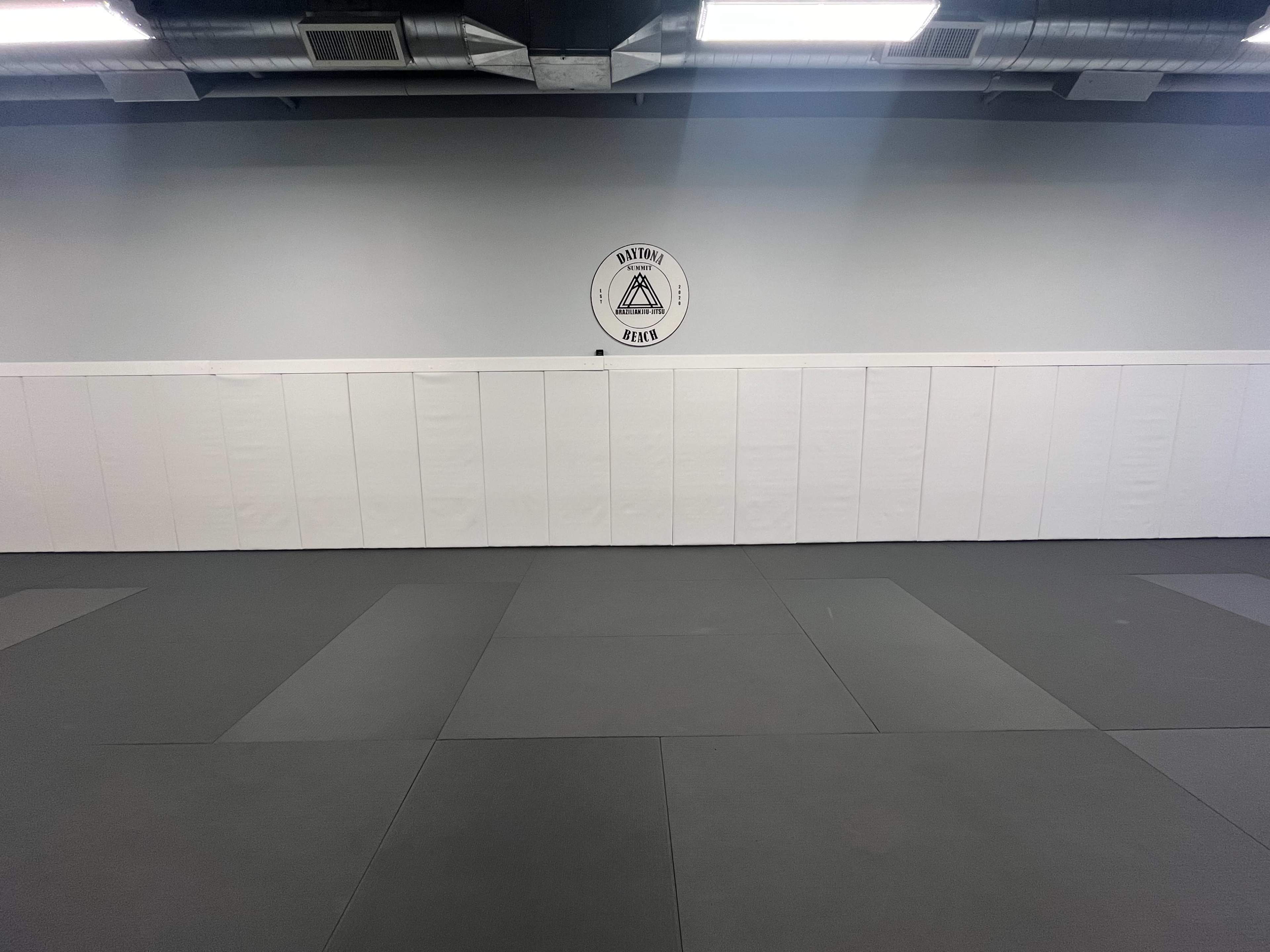 A large training area with gray mats and padded walls, featuring a logo on the upper center of the wall.