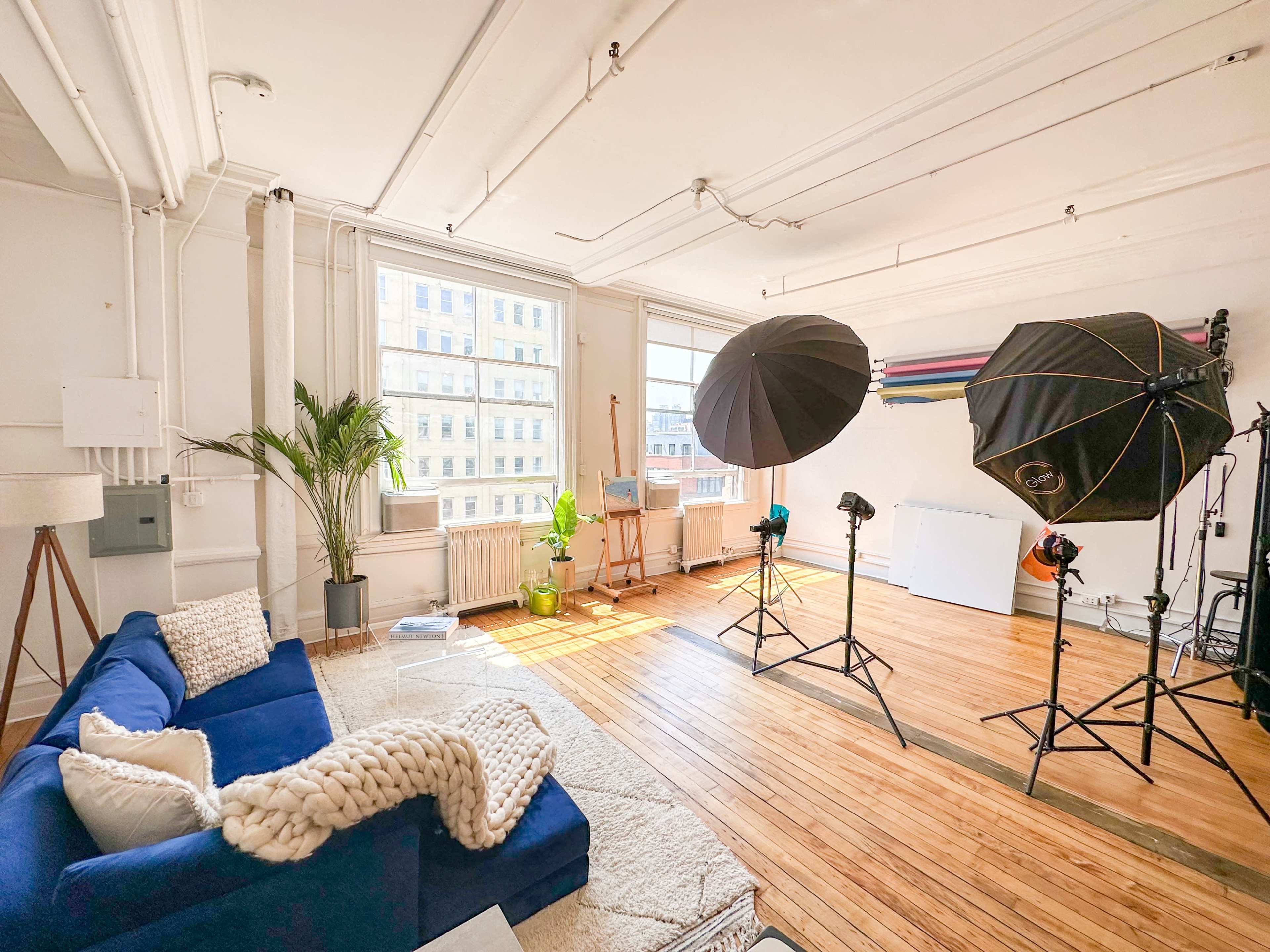 A spacious, well-lit studio with a blue couch, a plant, and several photography lighting setups against a backdrop of large windows.