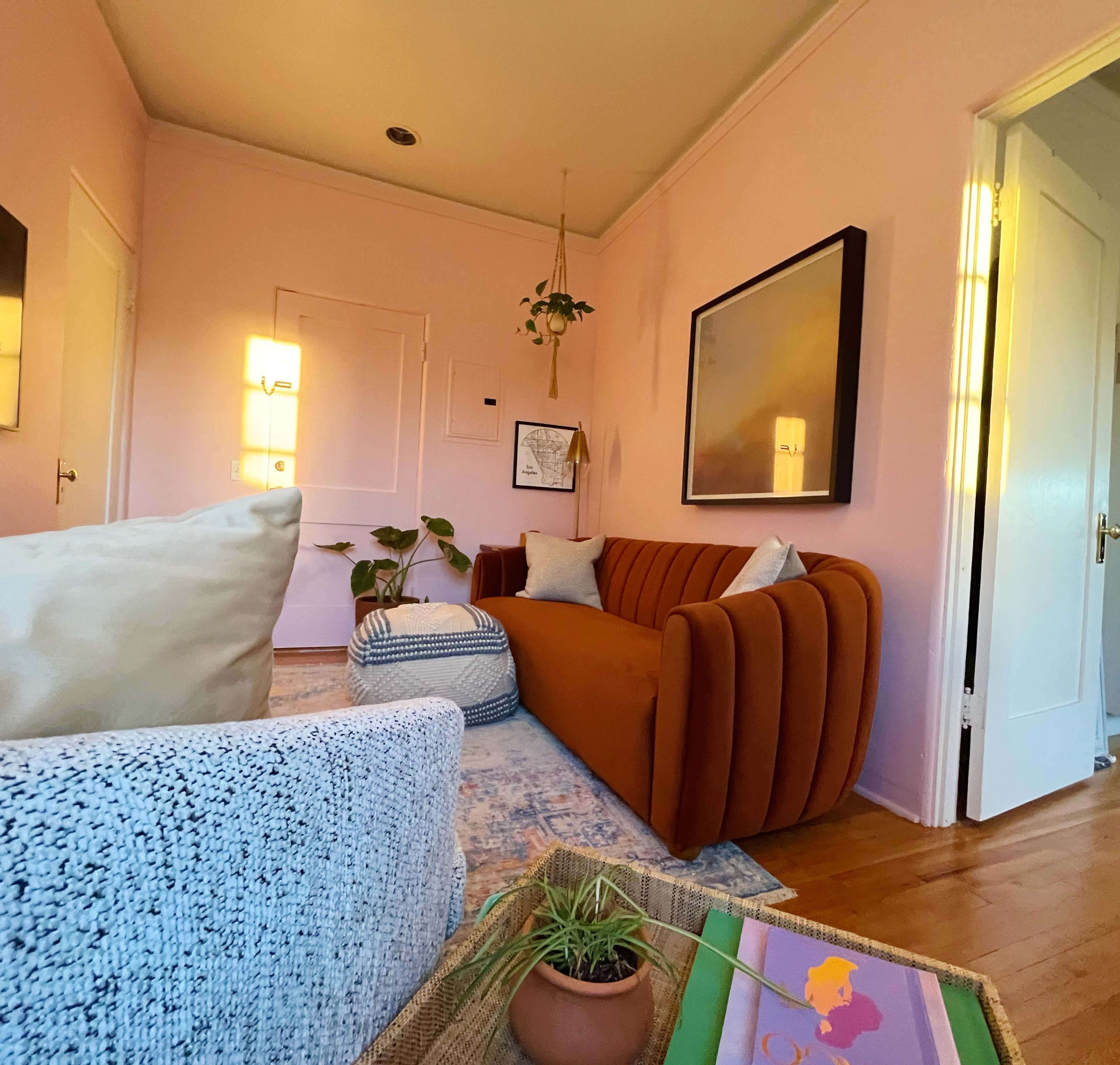 A cozy room features a pink wall, a brown sofa, patterned cushions, and plants, with light illuminating from a nearby window.