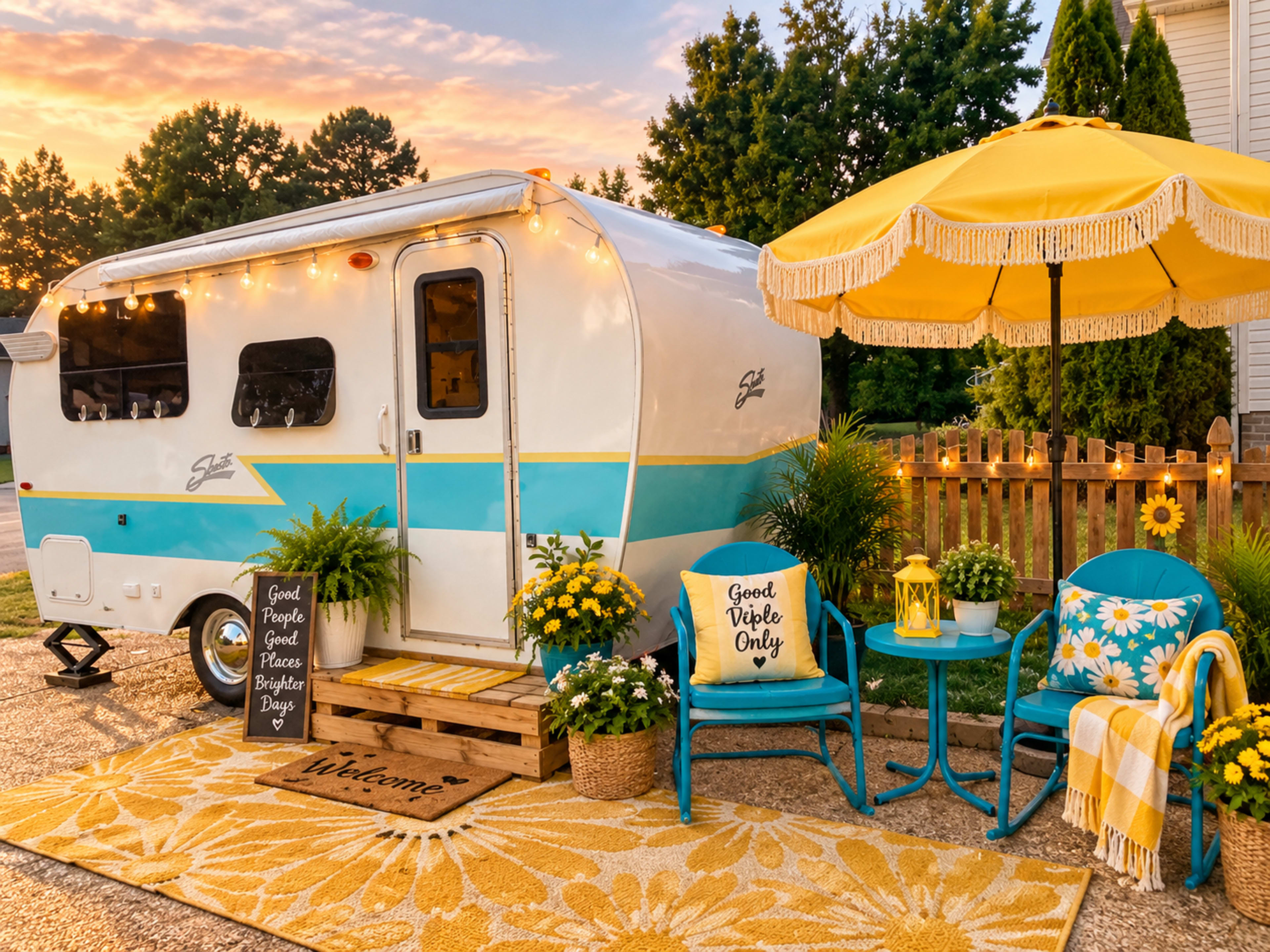 A vintage trailer is parked beside a wooden fence, adorned with vibrant flowers, a yellow umbrella, and a cozy seating area complete with decorative cushions and a welcoming rug.