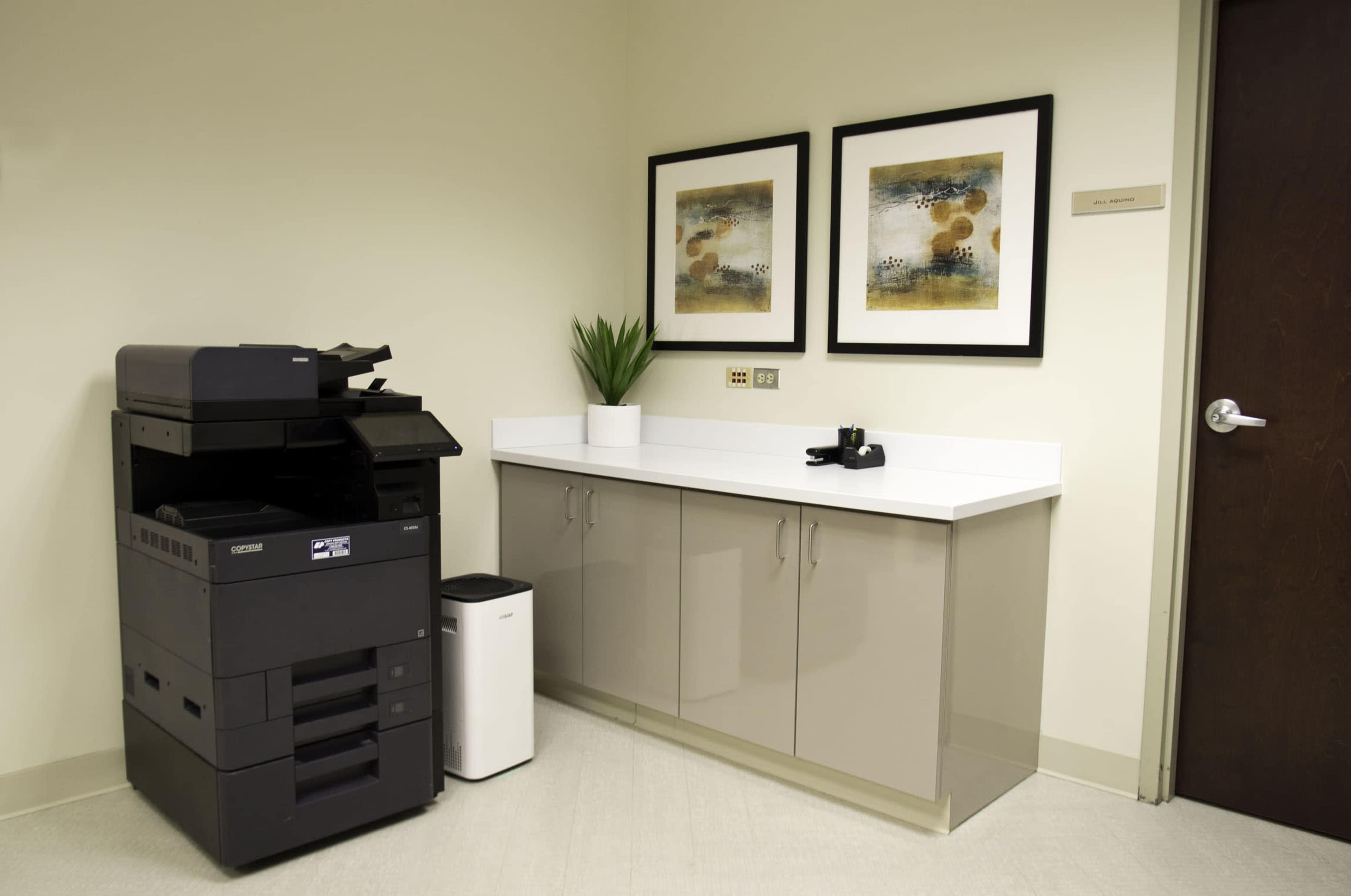 The image shows a corner of an office with a black multifunction printer next to a countertop with two framed artworks and a small plant.