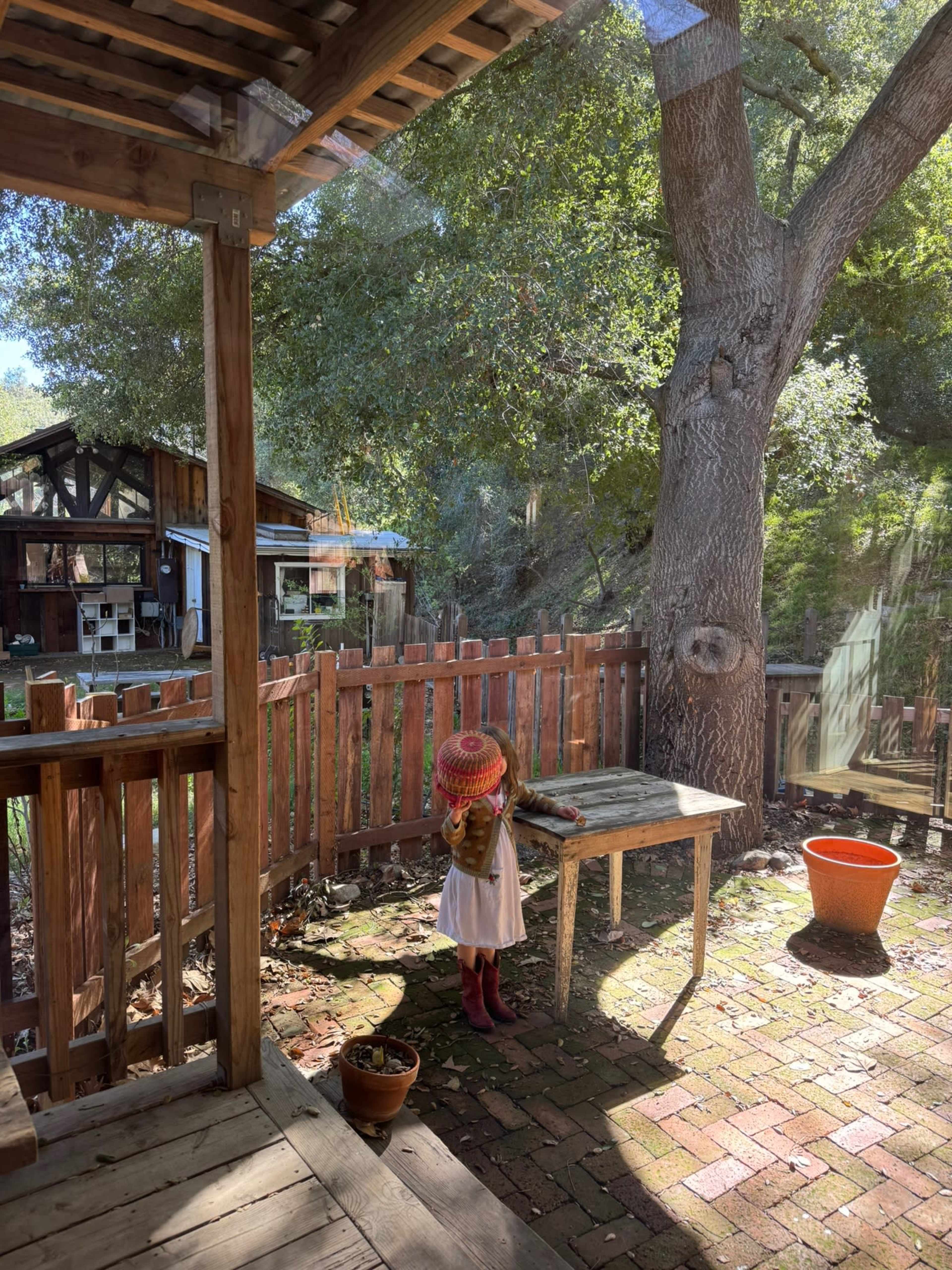 A child stands on a patio in front of a wooden fence, holding a colorful hat, with a large tree and a rustic building in the background.