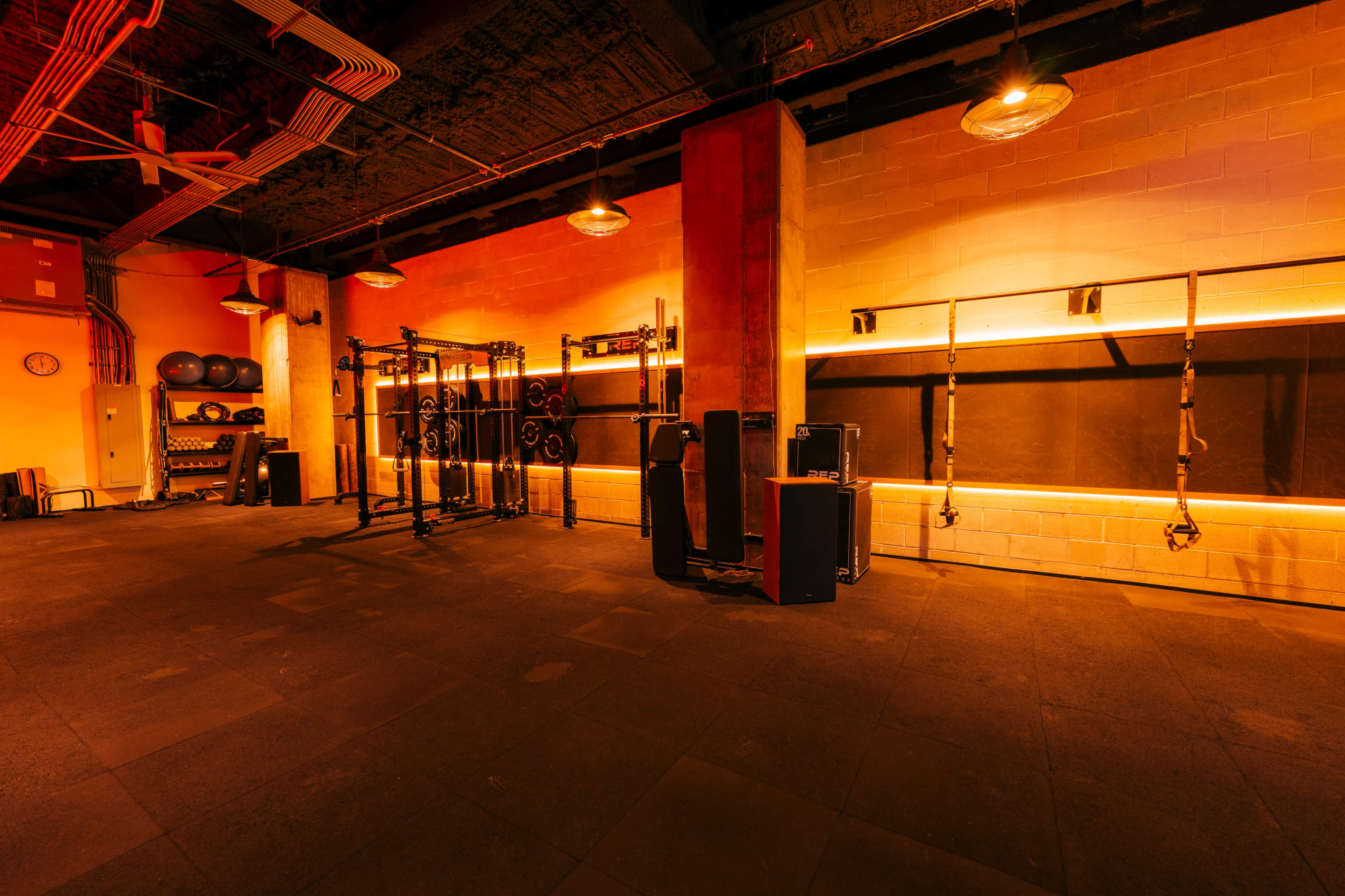 The image shows a dimly lit gym interior featuring exercise equipment, including a squat rack, suspension trainers, and fitness balls arranged along the walls.