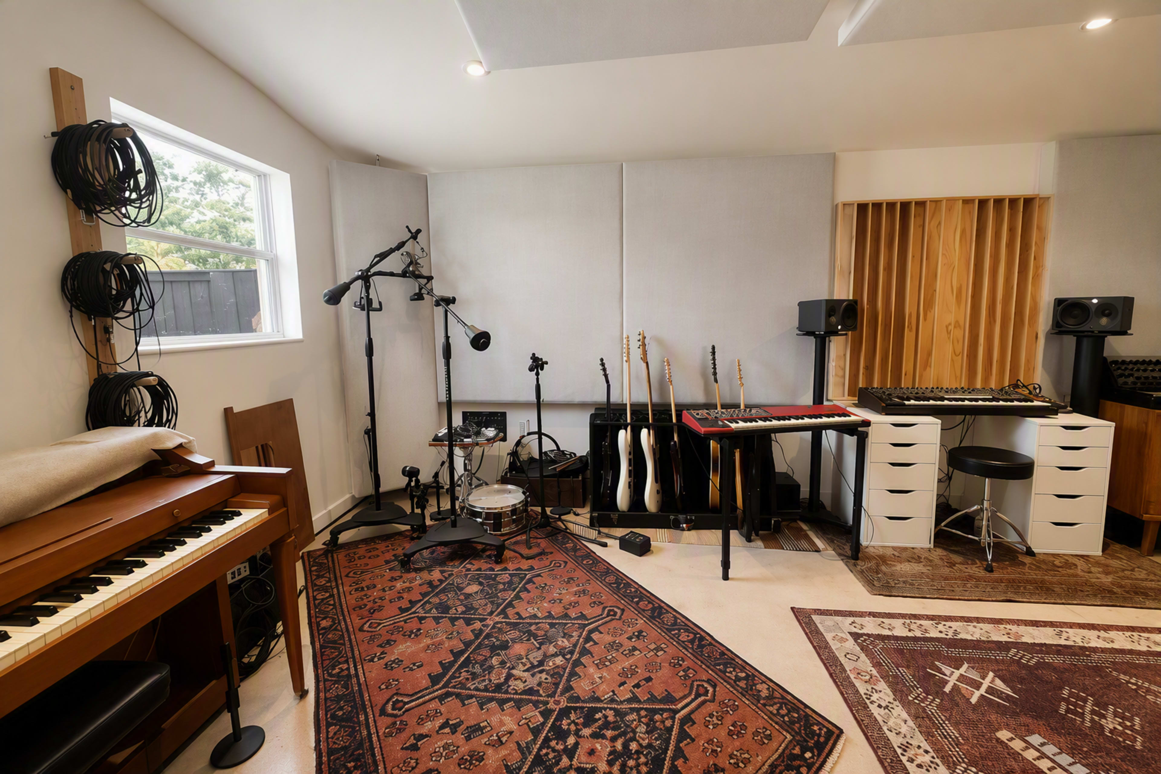 The image shows a well-equipped home recording studio featuring an acoustic piano, various musical instruments, audio equipment, and soundproofing panels on the walls.