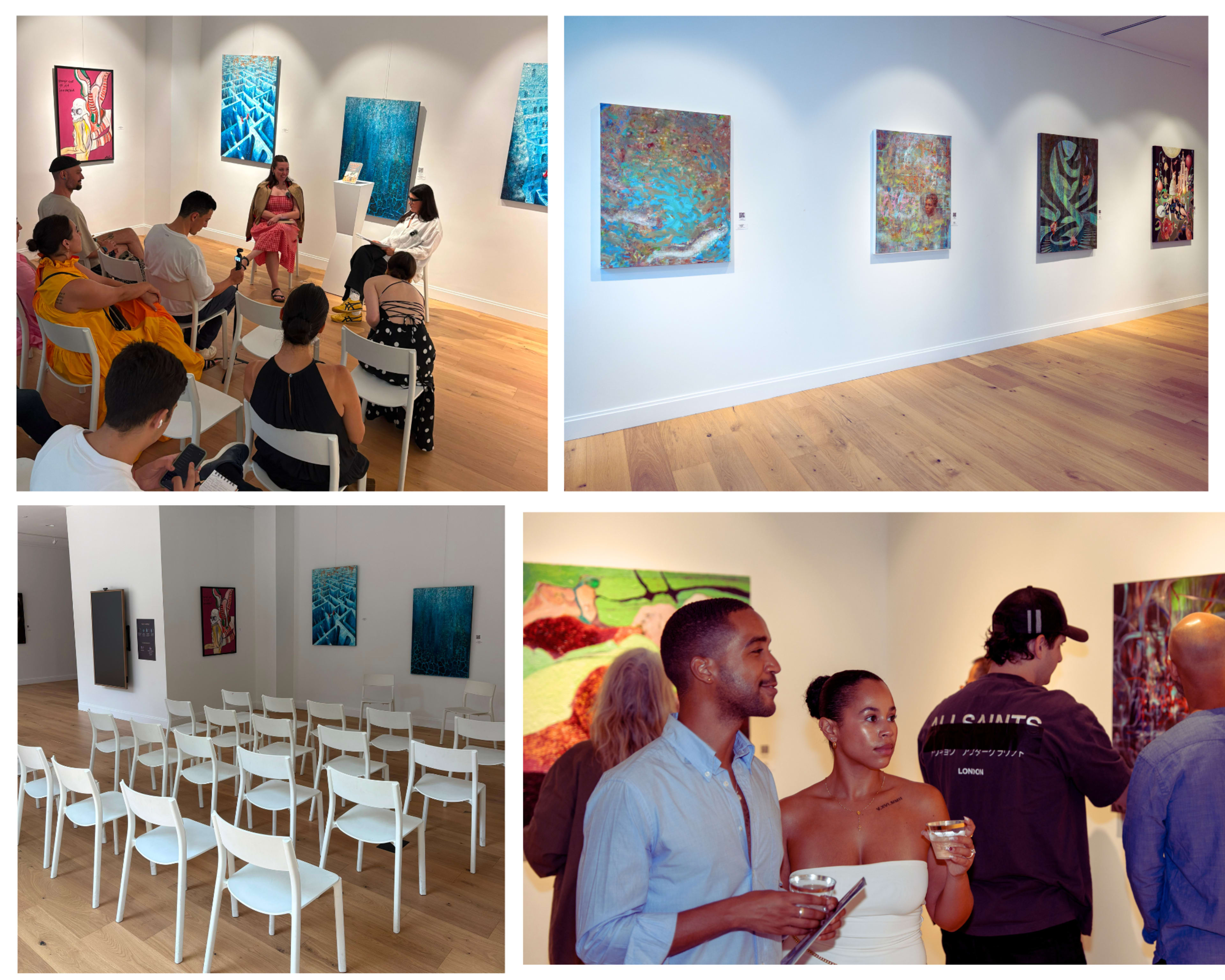 The image displays an art gallery with attendees seated for a discussion, featuring colorful paintings on the walls and guests enjoying refreshments.