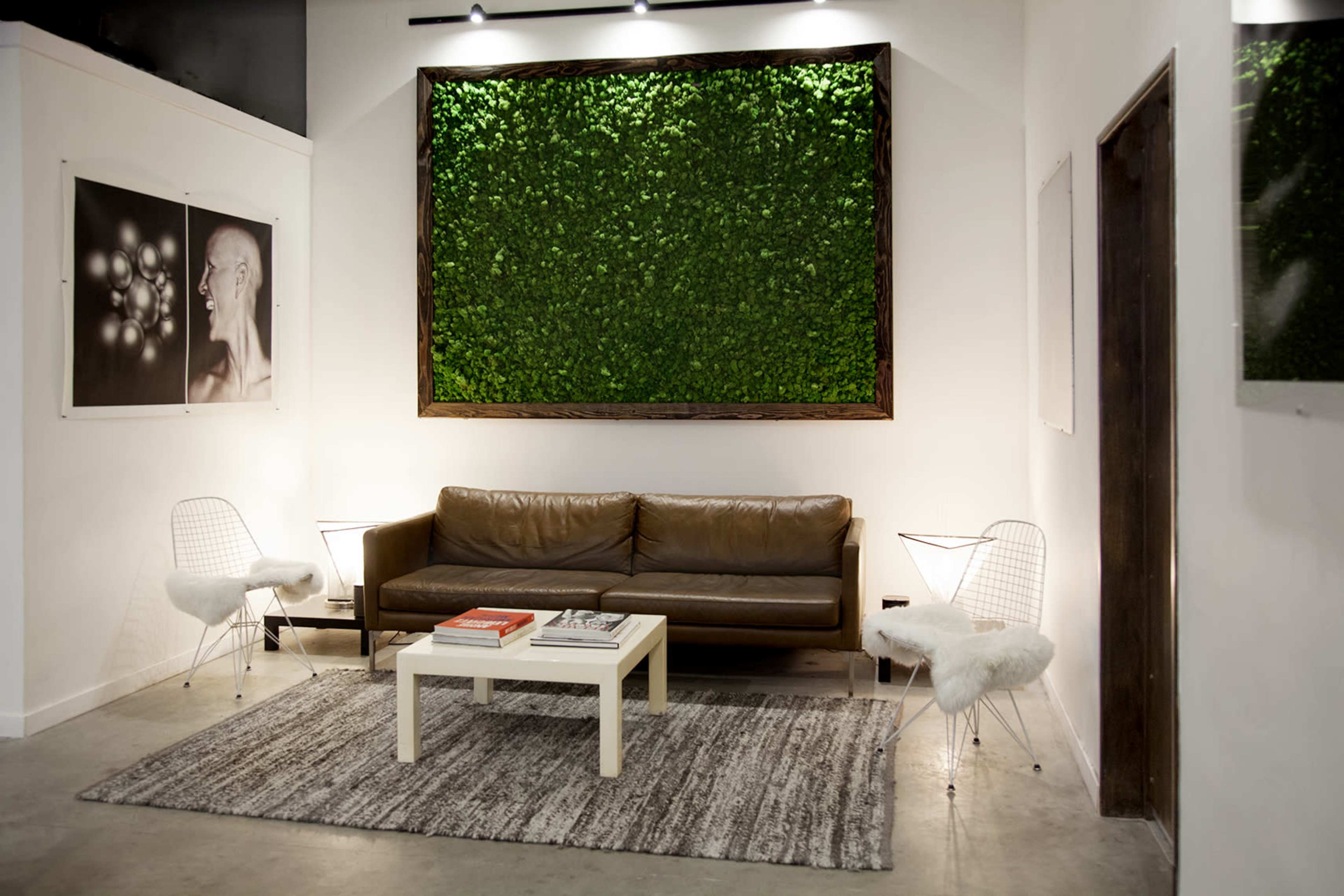 The image shows a modern seating area featuring a brown leather sofa, a white coffee table, and two wire chairs, against a backdrop of green wall decor and framed photographs.