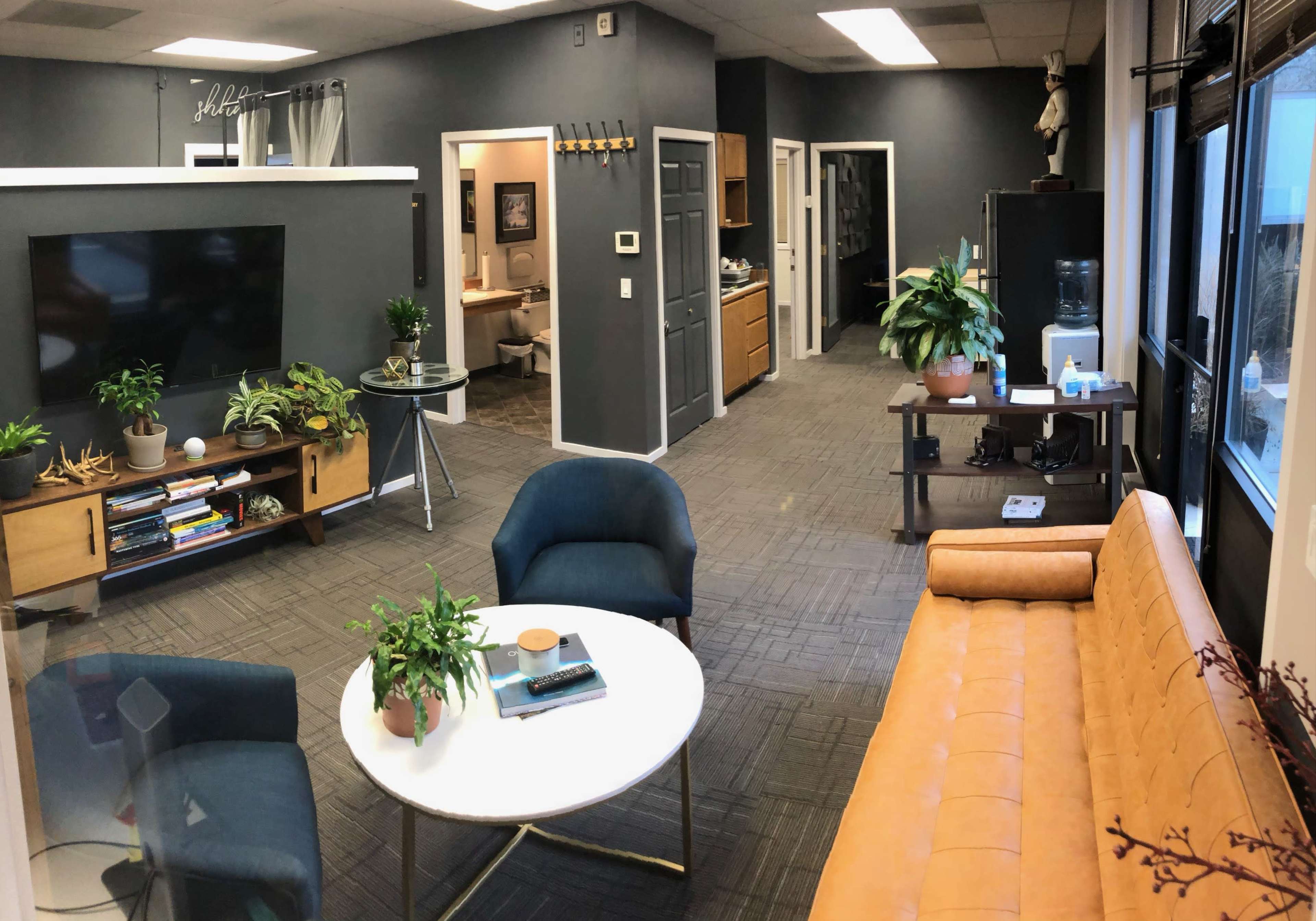 The image shows a modern office space with a seating area that includes a brown sofa and two blue chairs, surrounded by plants, a coffee table, and a television on the wall.