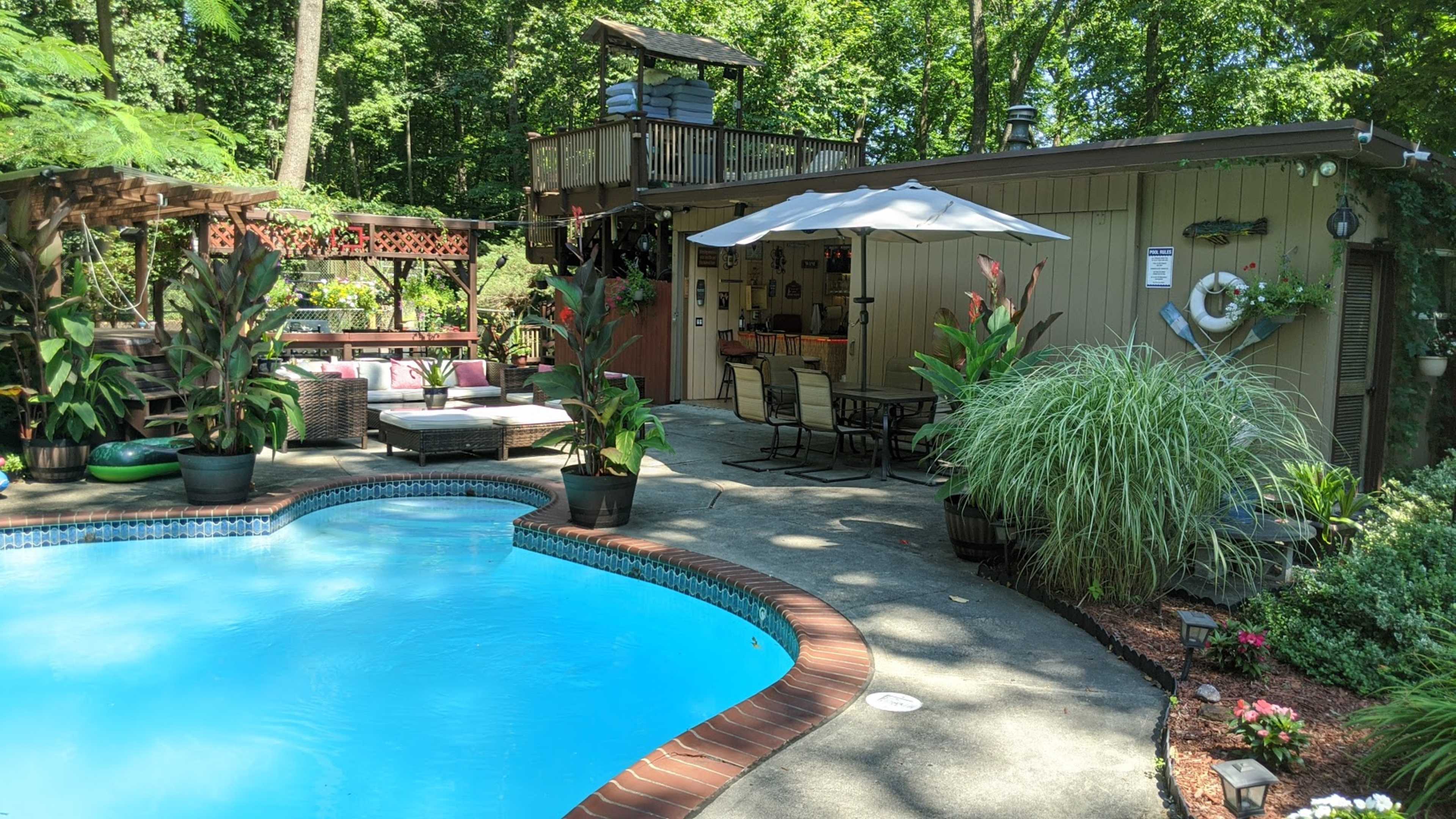 The scene features a backyard pool area with a blue swimming pool surrounded by patio furniture, lush greenery, and a shaded seating area with an umbrella.