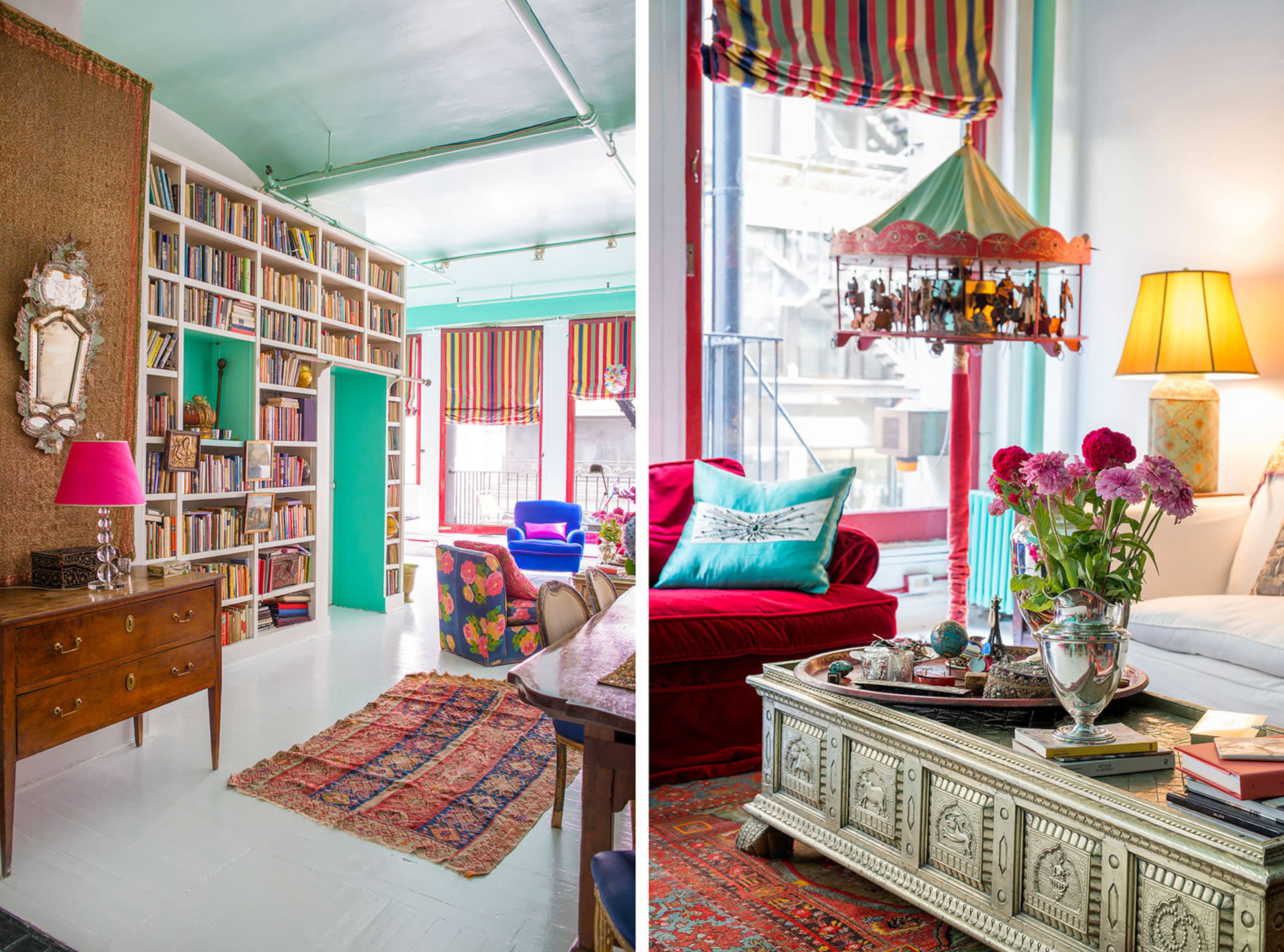 A split view showcases a bright, eclectic living space featuring a tall bookshelf, colorful furniture, and decorative accents like flowers and textiles.