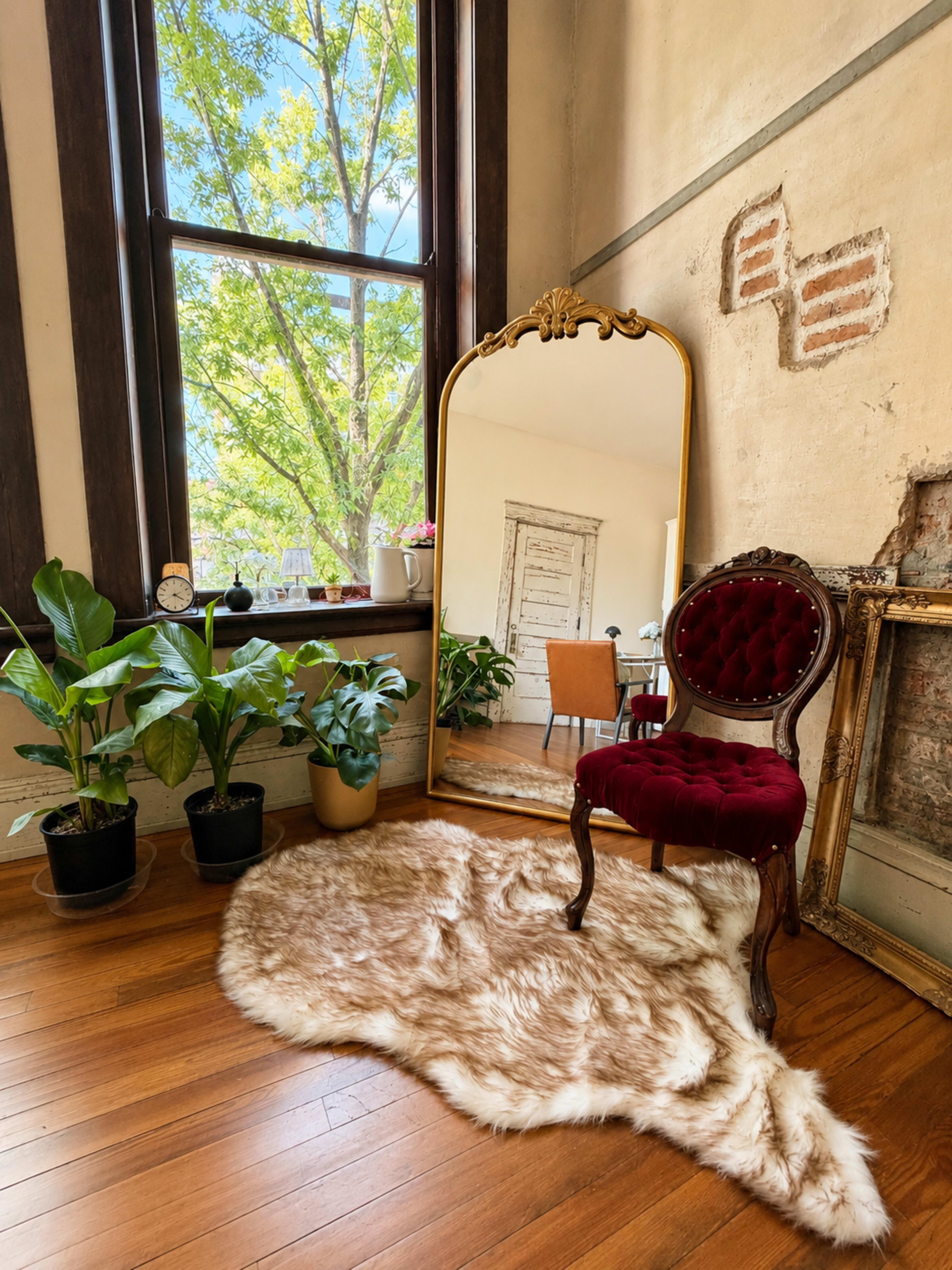 A vintage-style chair is placed beside a large mirror on a wooden floor, with potted plants and a window showcasing greenery outside.