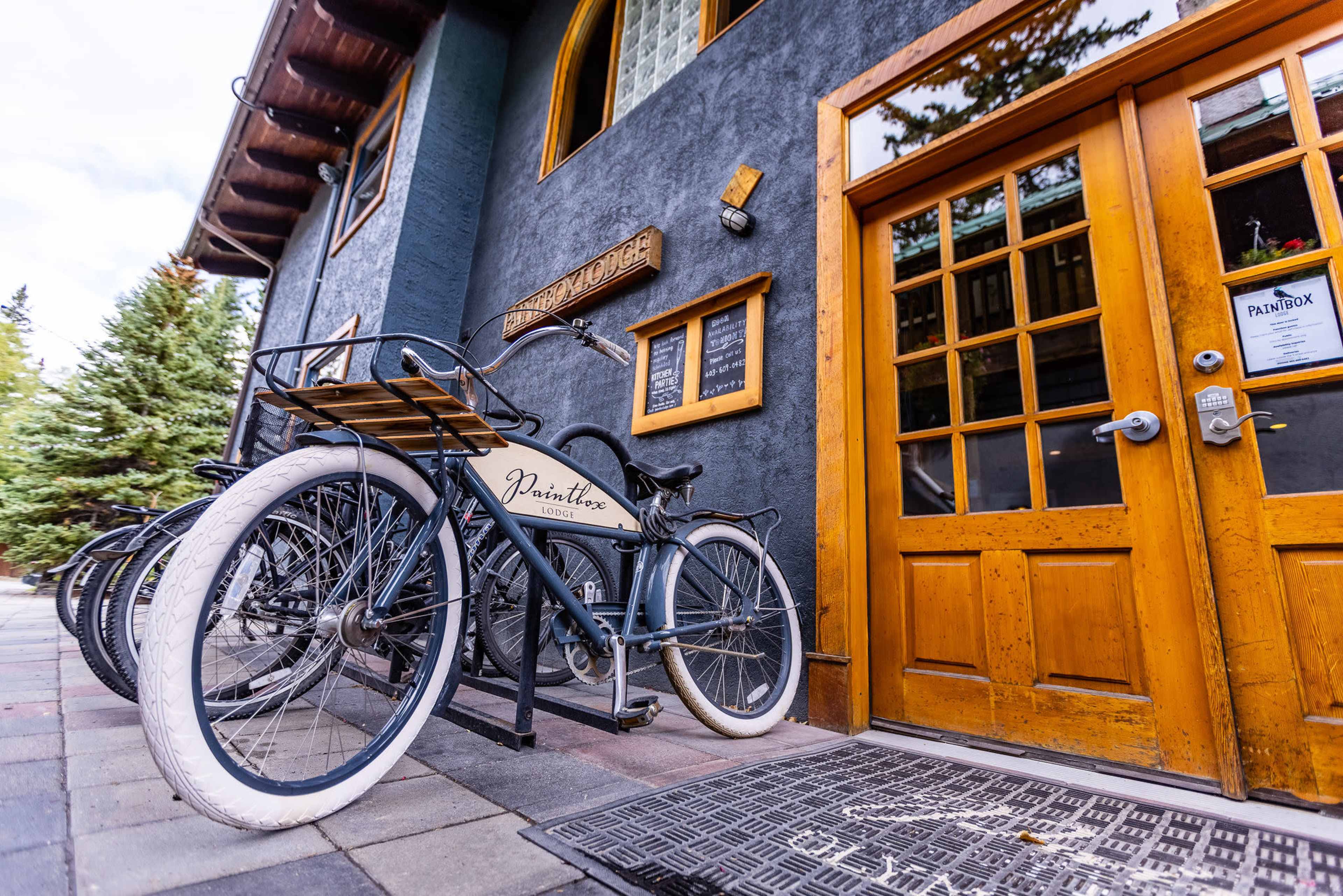 A row of vintage bicycles is parked outside a wooden door of a building with a dark exterior.
