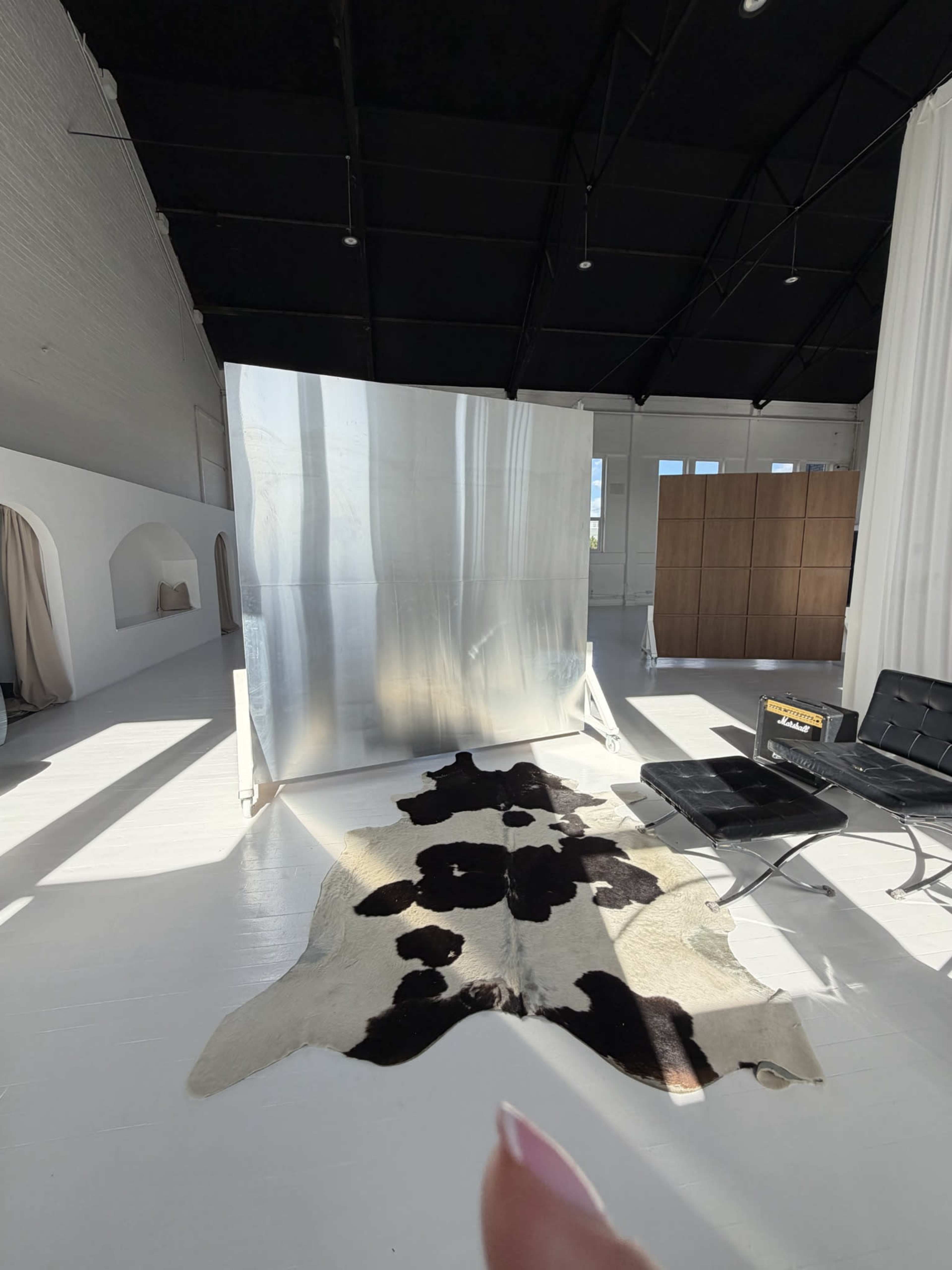 The image shows a modern studio space with a reflective silver panel, a black and white cowhide rug on the floor, and a black chair.