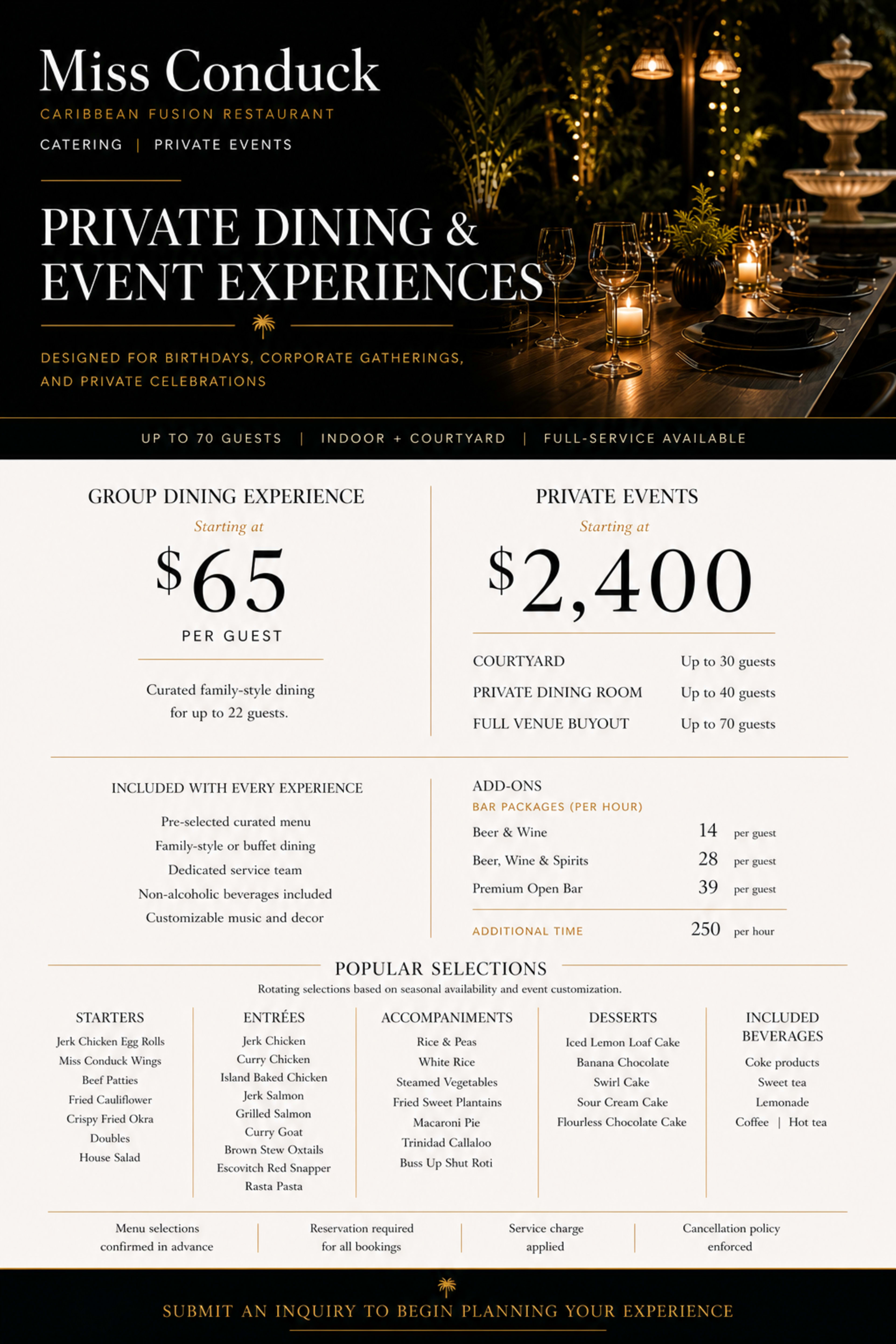 The image displays a menu for private dining and event experiences at Miss Conduck restaurant, outlining pricing, guest capacities, and available options for various events.
