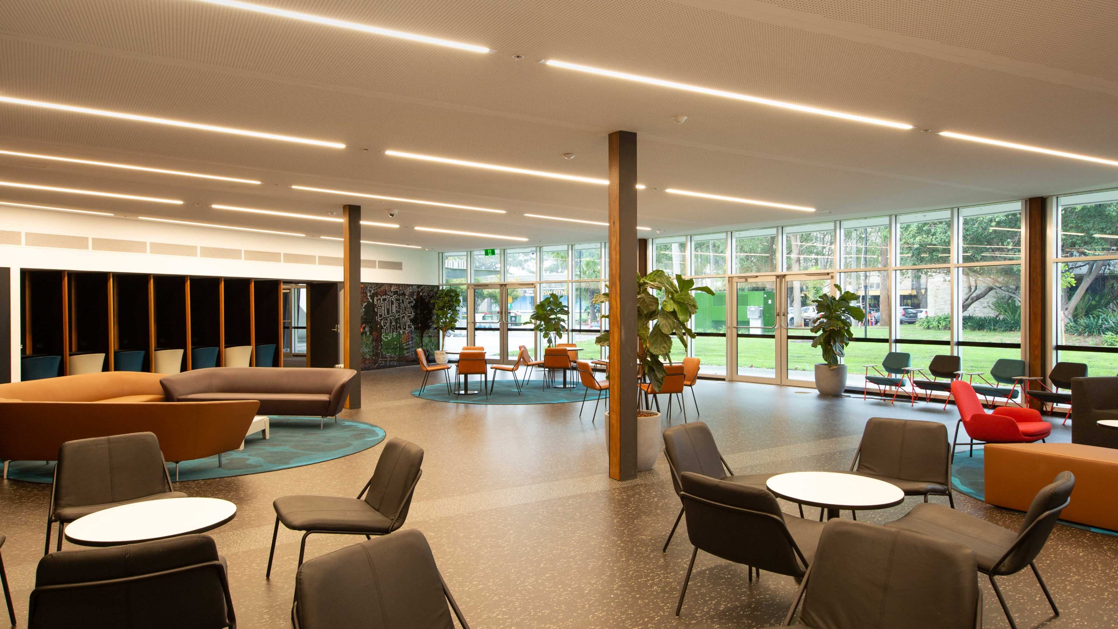 A modern, open lounge area with various seating arrangements, large windows, and indoor plants.