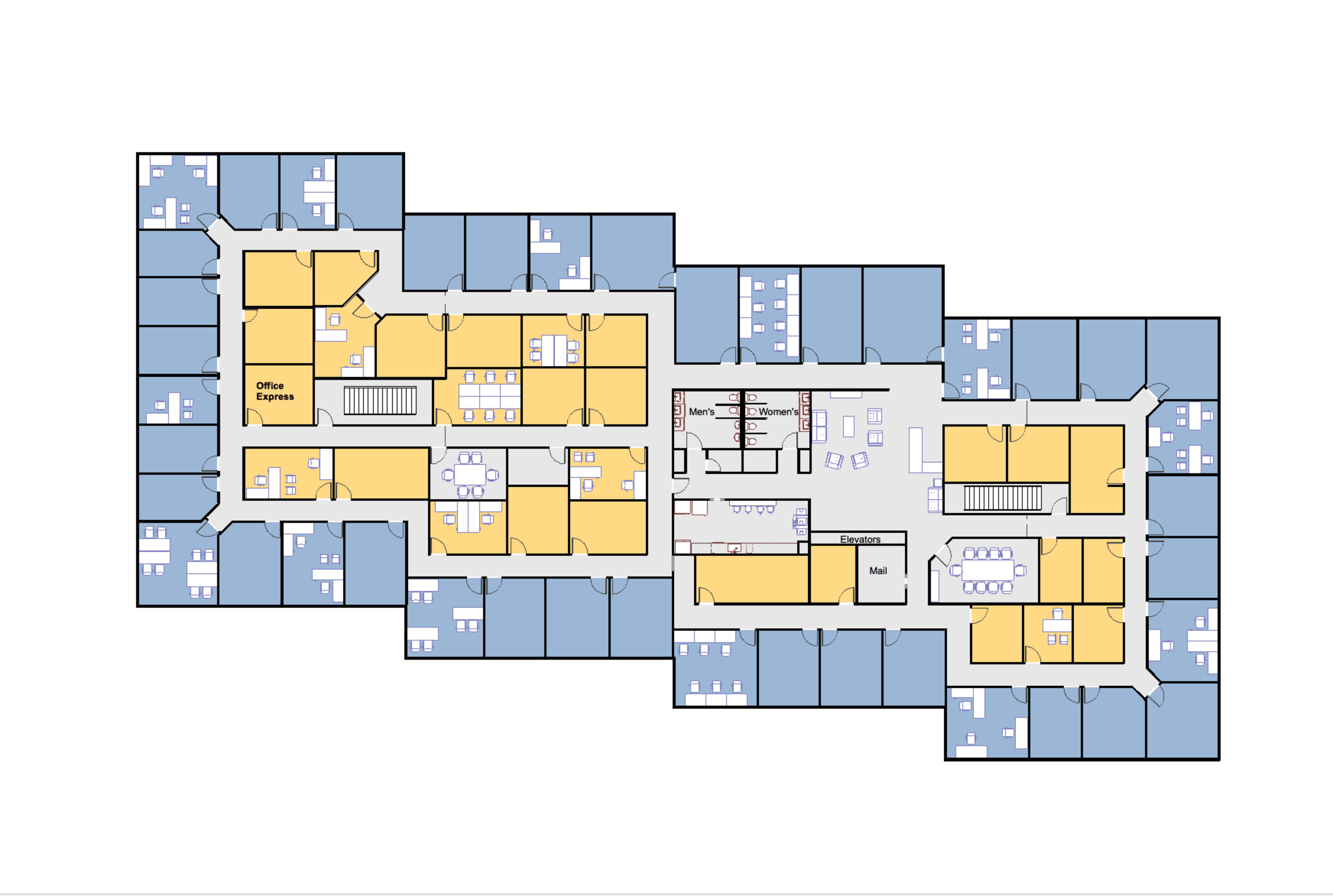 The layout depicts an office floor plan with designated workspaces, meeting rooms, and communal areas arranged in a grid pattern.
