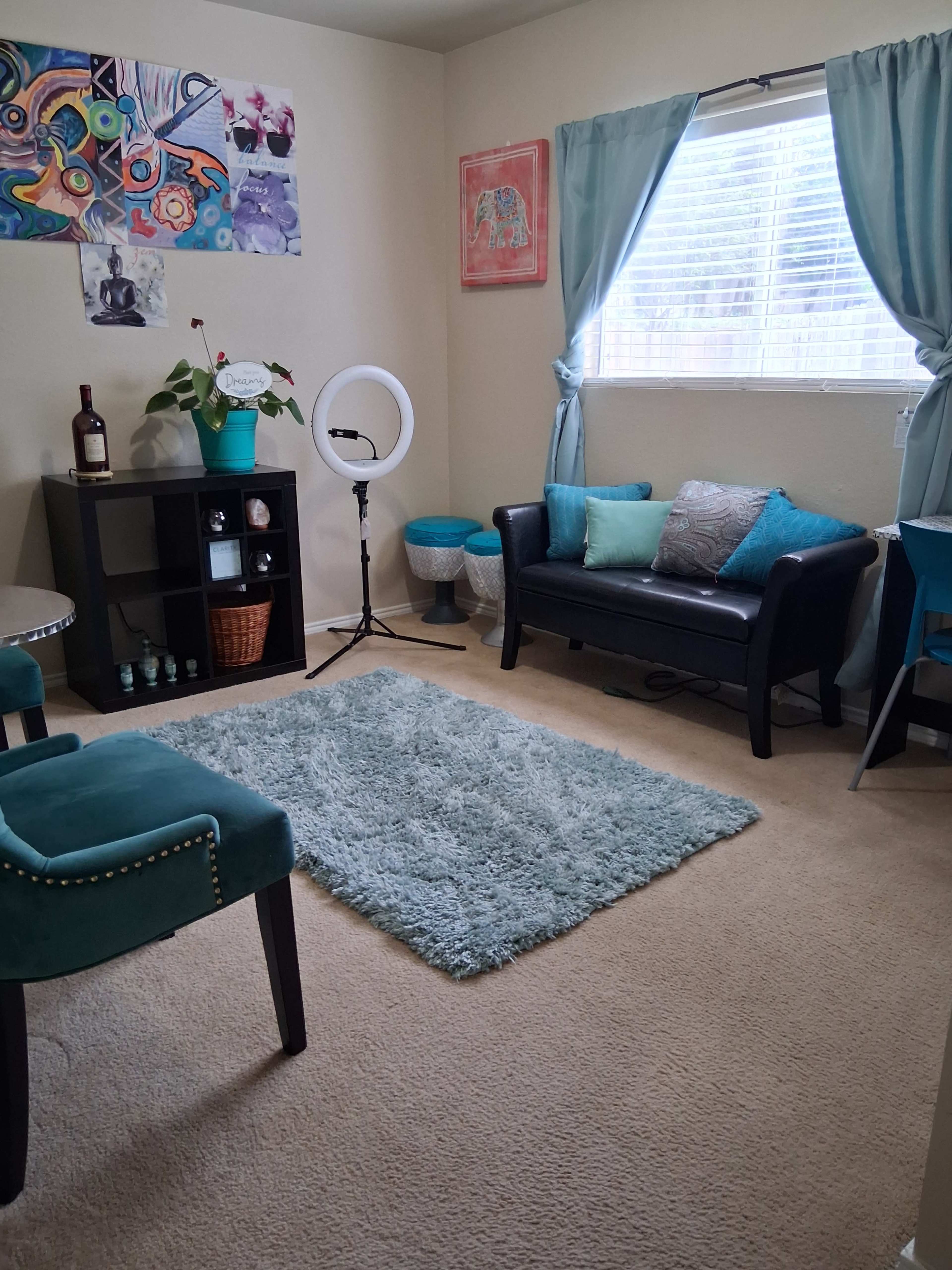 The image shows a cozy living space with a black couch, a light blue rug, and a small bookshelf, along with a window adorned with light blue curtains.