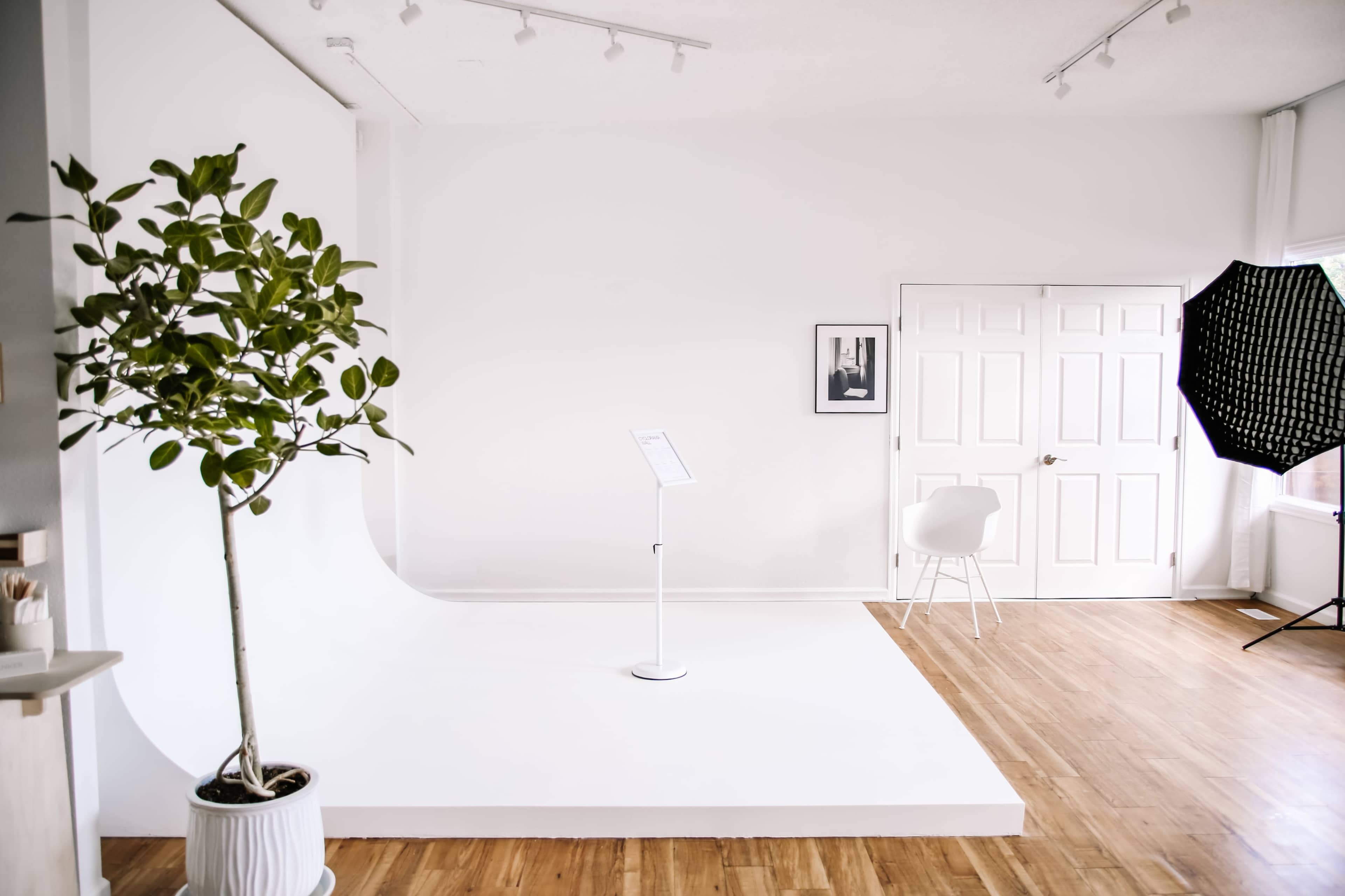 The image shows a minimalist studio space with a curved white backdrop, a potted plant, a chair, and professional lighting equipment.