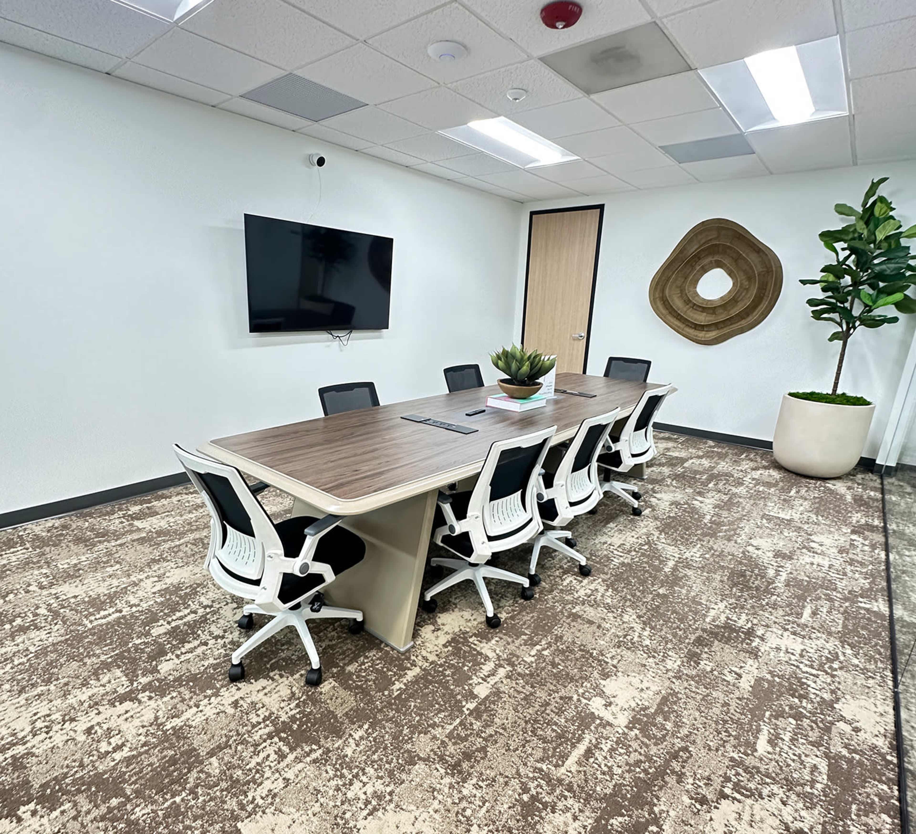A conference room features a long wooden table surrounded by eight white ergonomic chairs, a television mounted on the wall, and a large potted plant in the corner.
