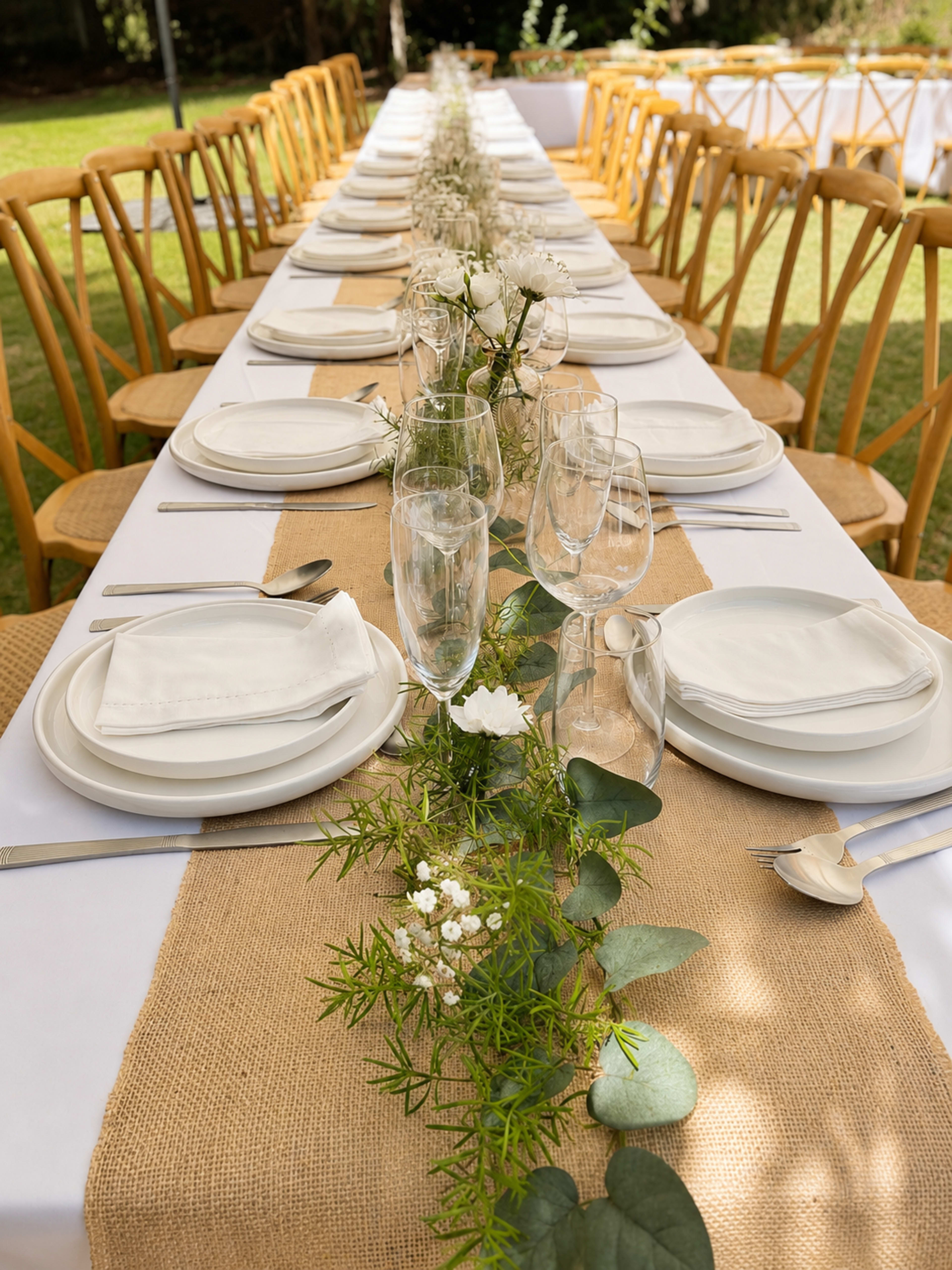 A long dining table is set outdoors, featuring white plates, glassware, and a burlap runner adorned with greenery and white flowers.