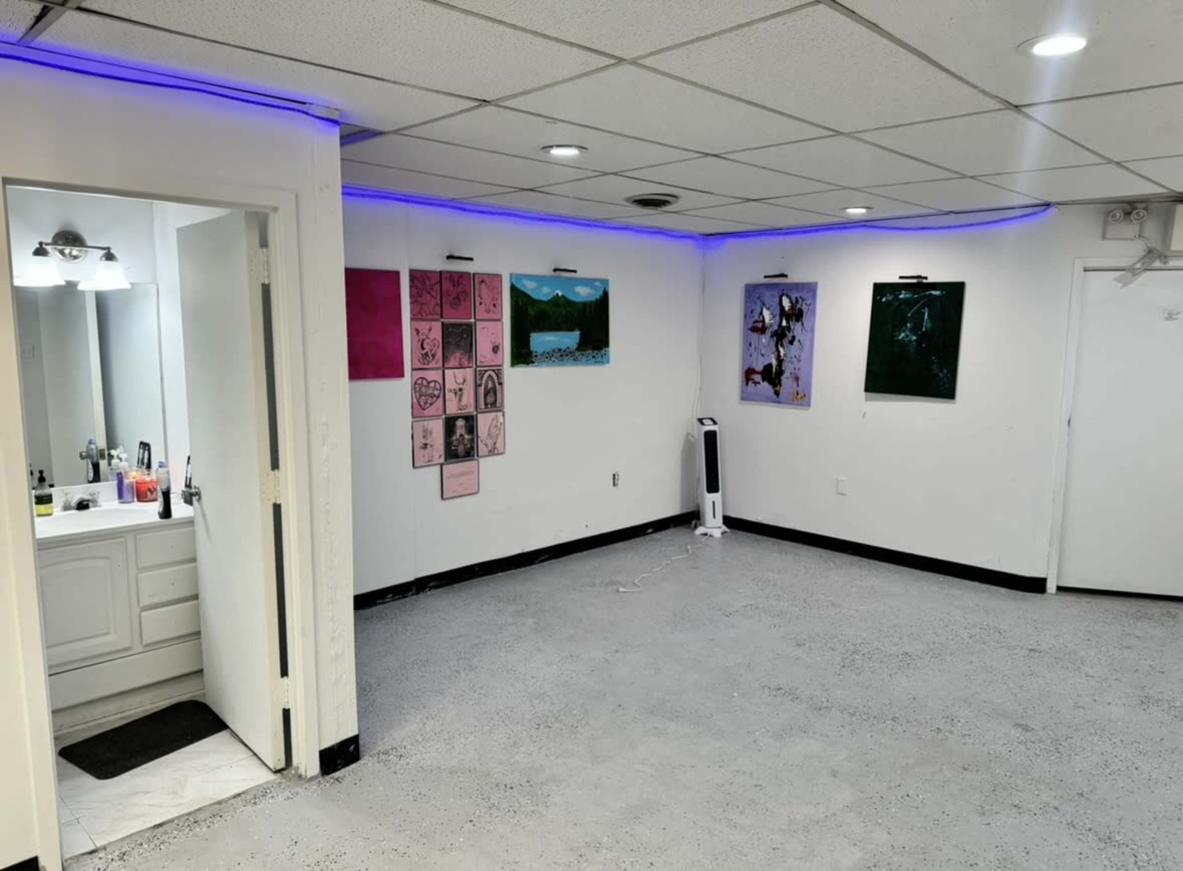 The image shows a room with white walls and a gray floor, featuring several paintings on one wall and a door leading to a bathroom on the left side.