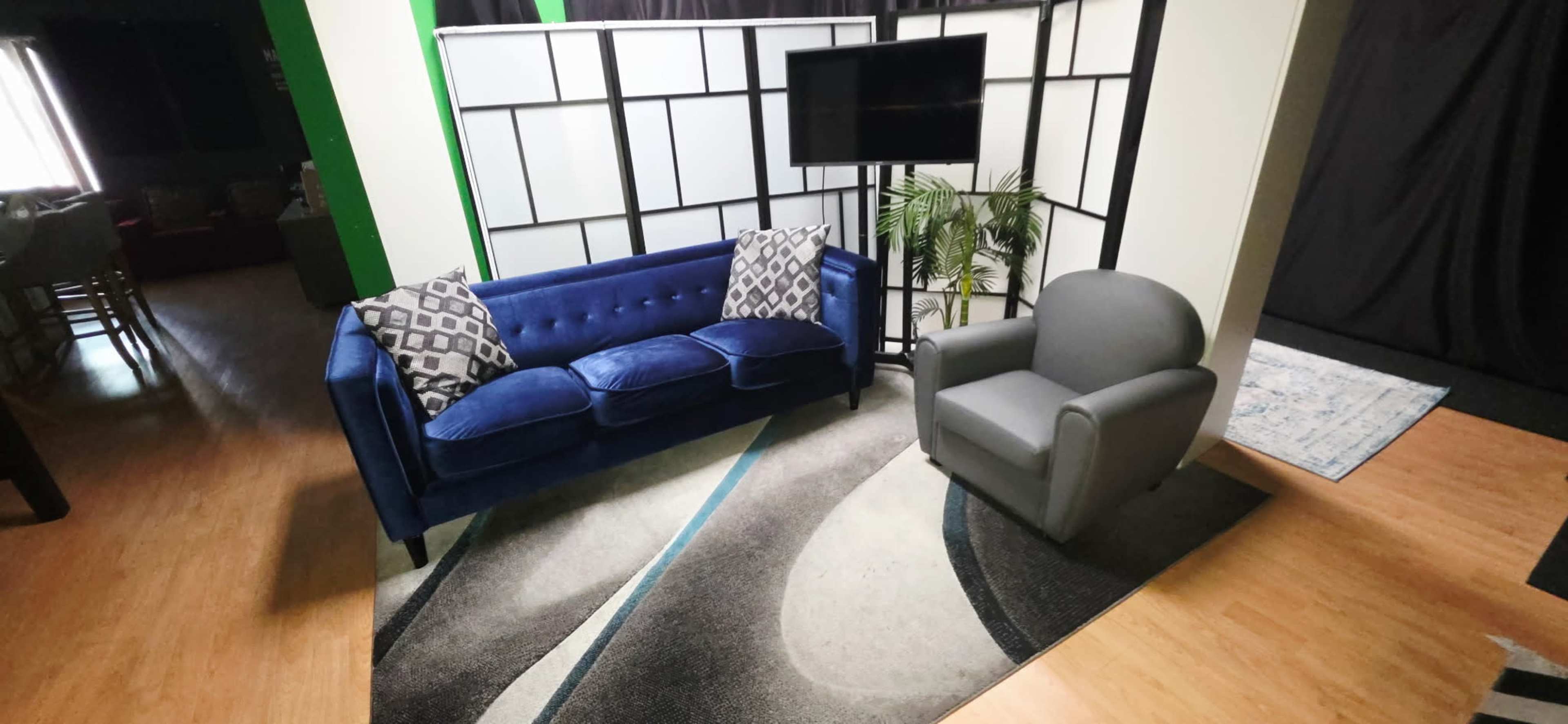 The image shows a cozy seating area with a blue velvet sofa, a gray armchair, and a decorative rug, set against a backdrop of partition screens and a mounted television.