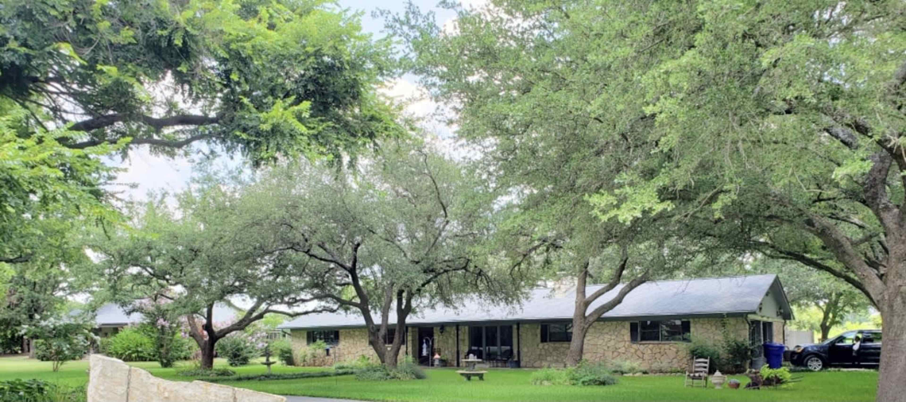 A single-story stone house is surrounded by large trees and lush greenery in a residential area.