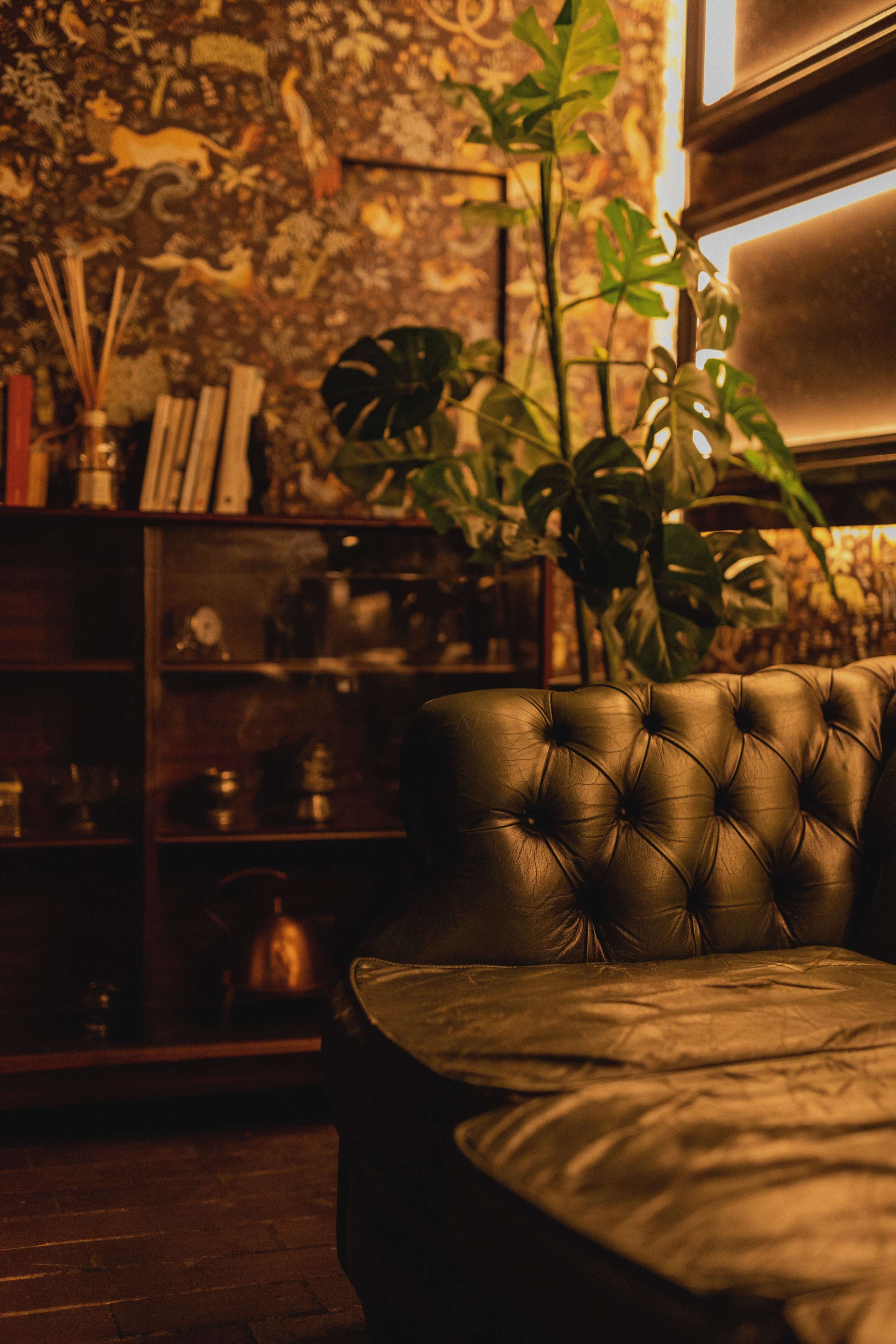 A dark green tufted leather sofa is positioned in front of a vintage wooden cabinet, adorned with a patterned wallpaper and a leafy plant beside it.