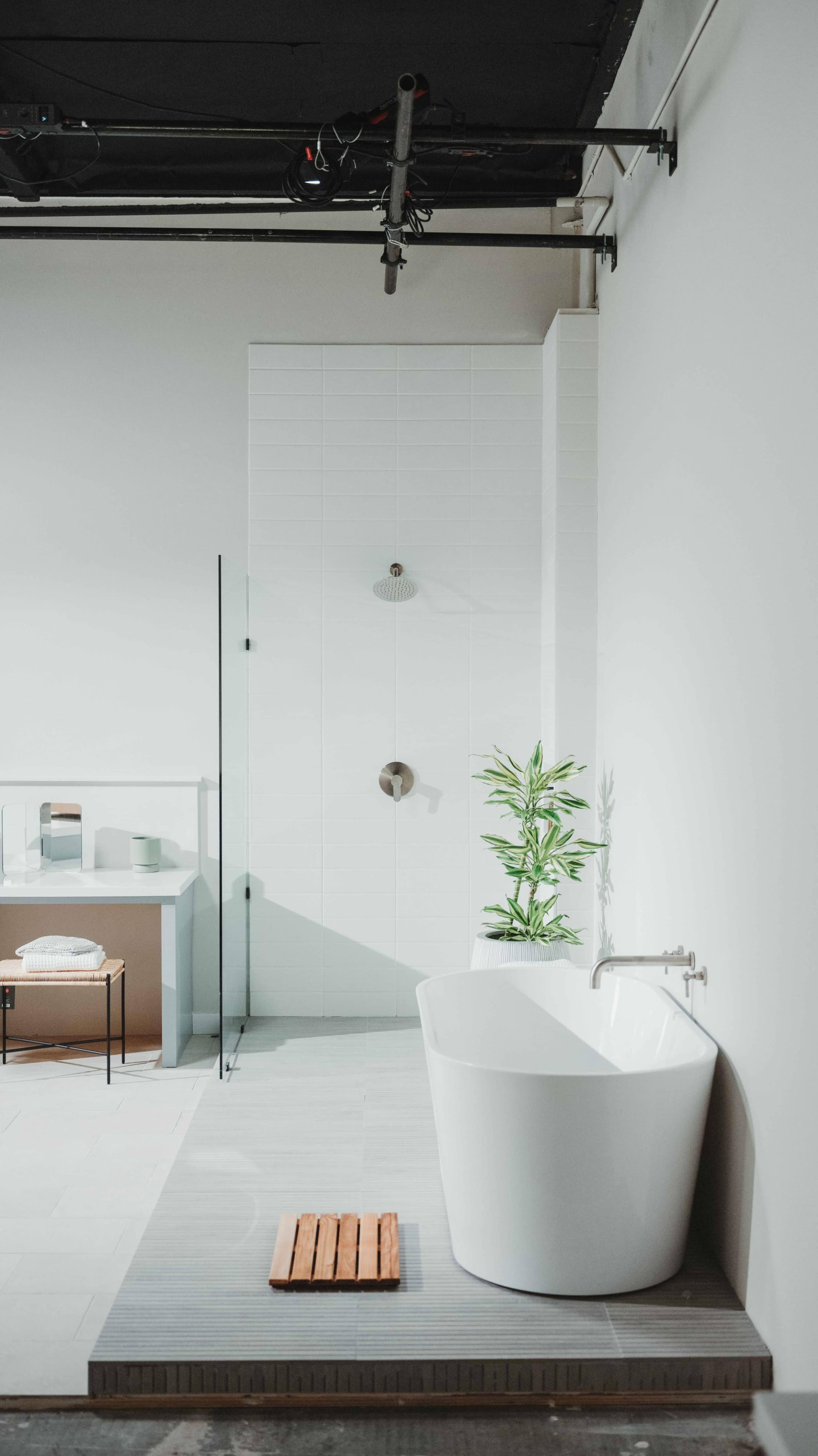 A modern bathroom featuring a freestanding white bathtub, a glass shower enclosure, and a potted plant against a neutral wall.
