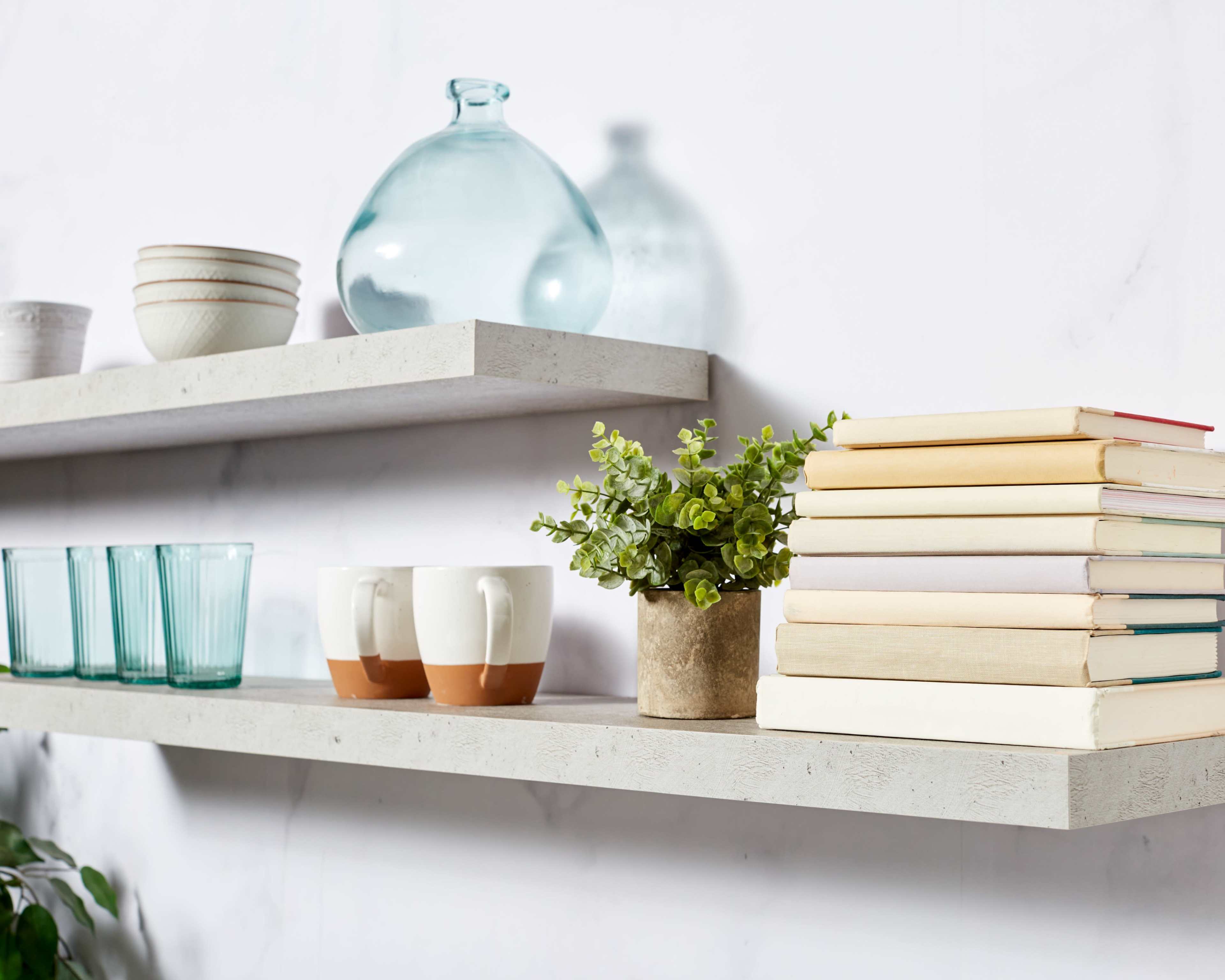 Two wall-mounted shelves hold a variety of items, including glassware, a decorative vase, a potted plant, and stacks of books.