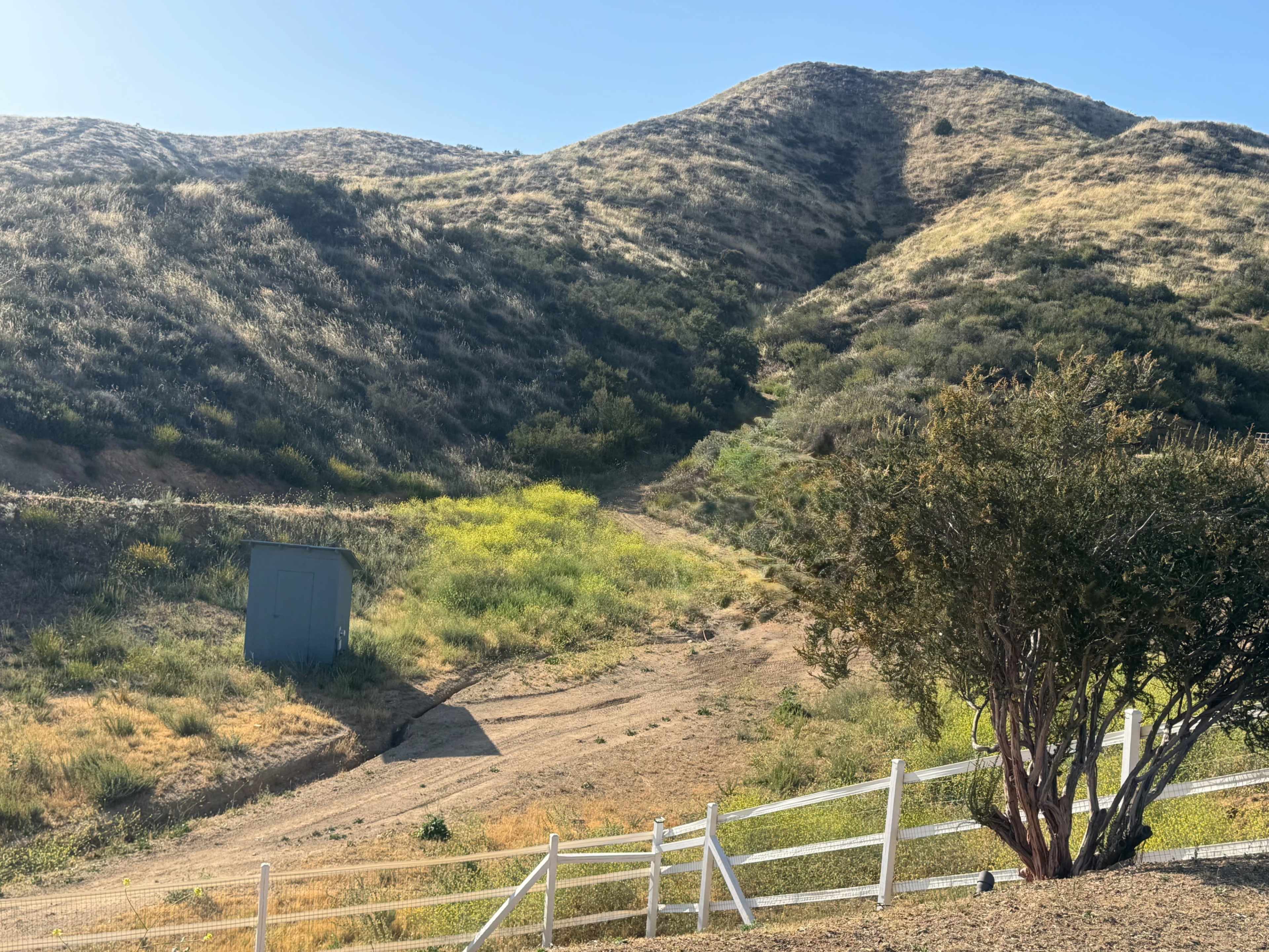 A gray utility shed is located at the base of a grassy hill, surrounded by greenery and a white fence.