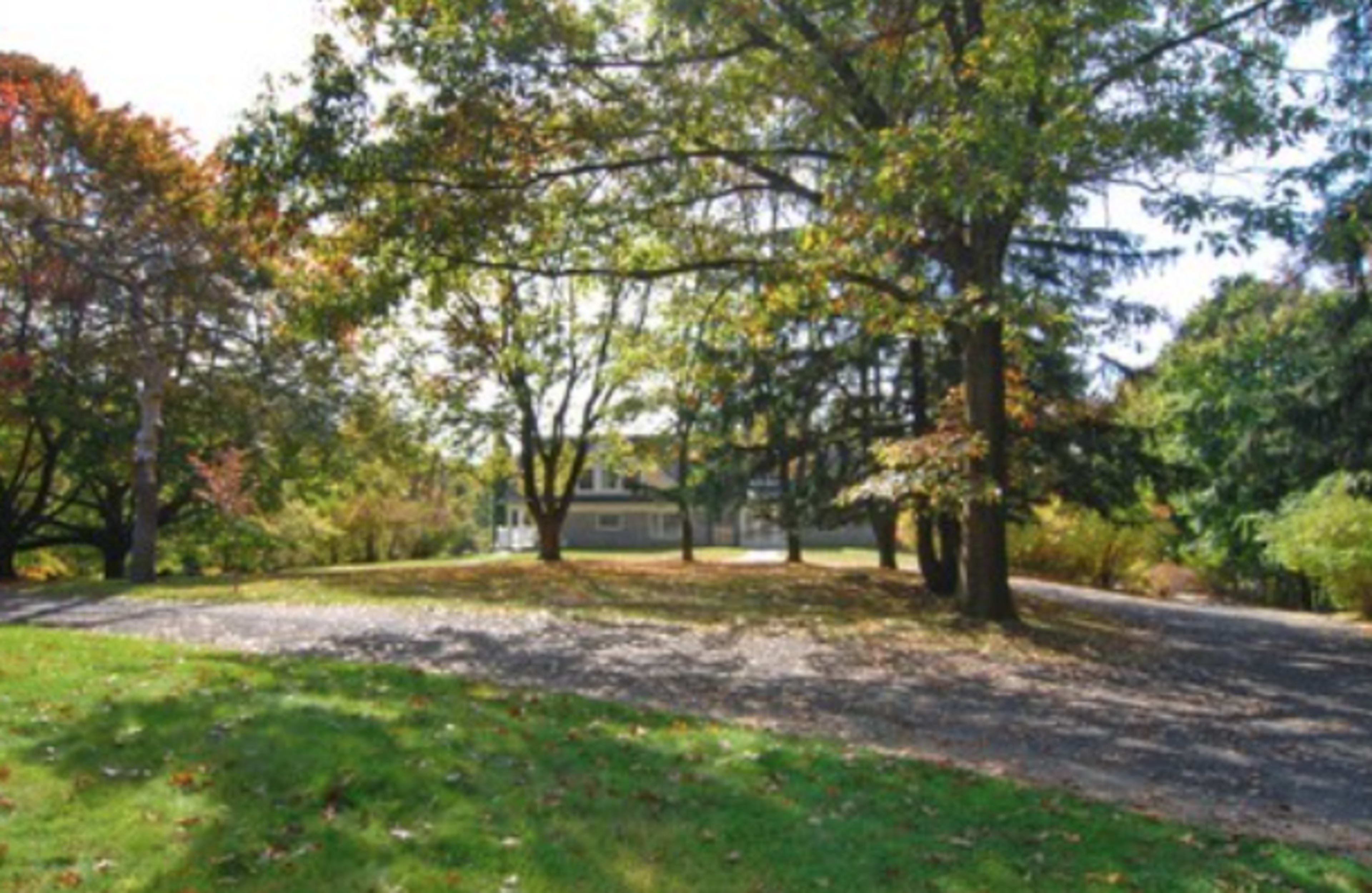 A house surrounded by trees and a gravel driveway in a landscaped yard.