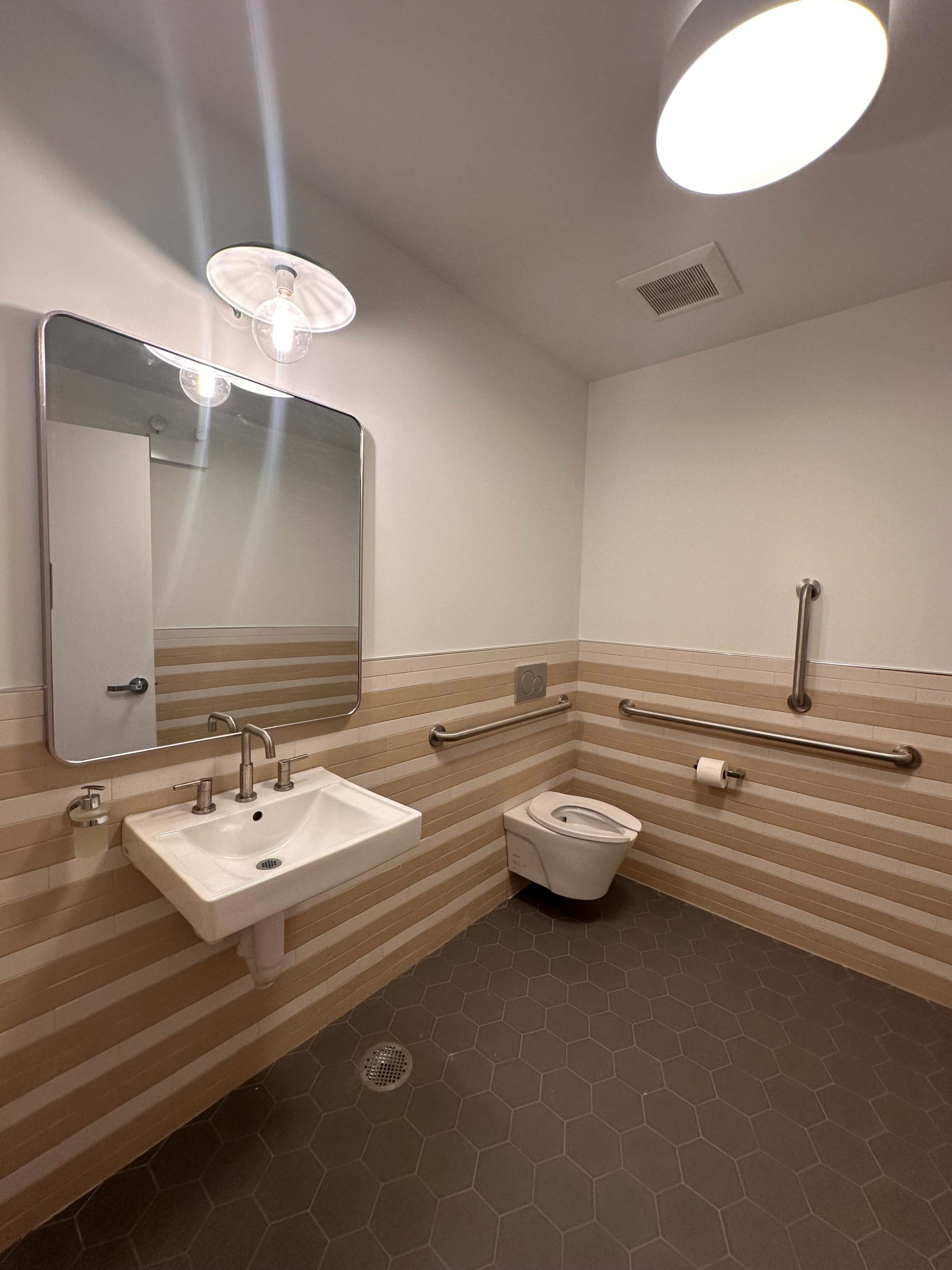 The image shows a modern bathroom with a sink, mirror, toilet, handrails, and hexagonal floor tiles.