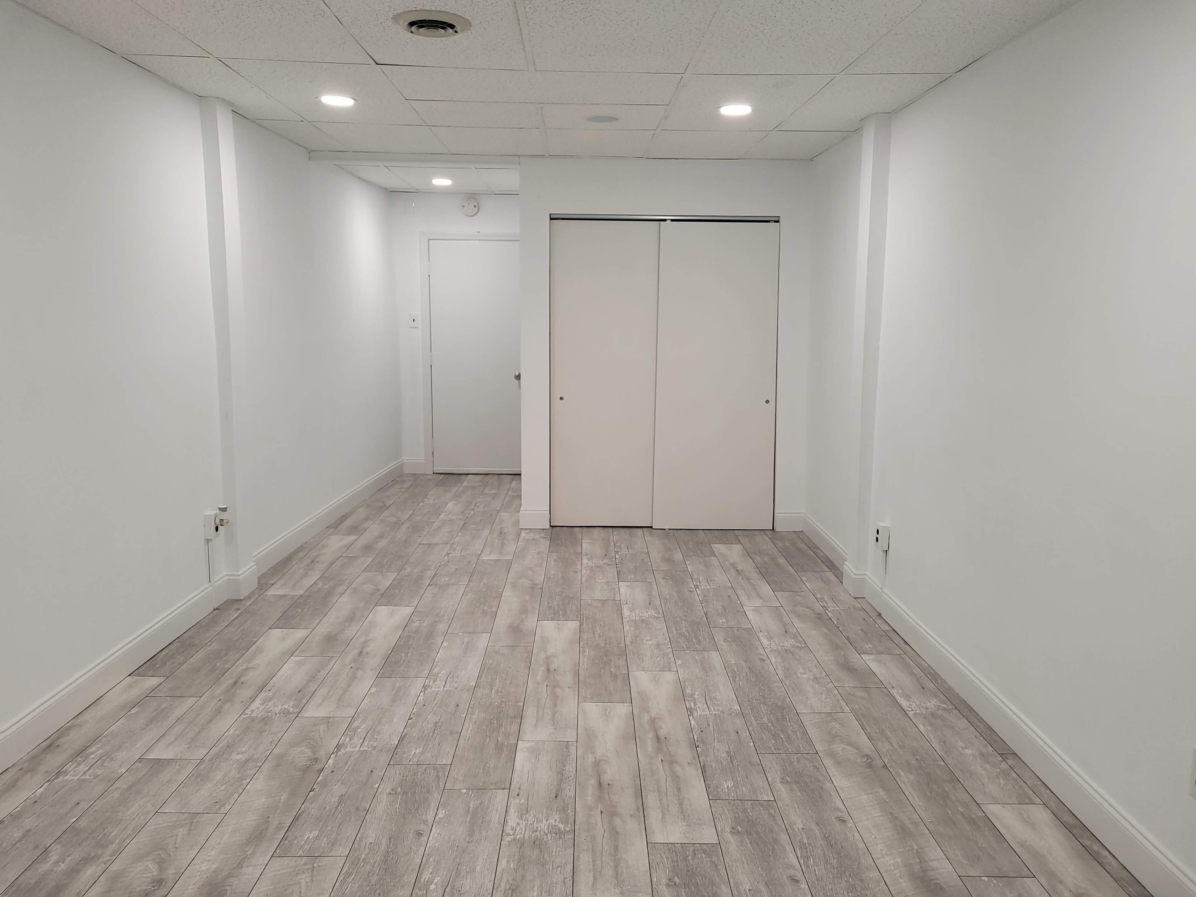 The image shows a vacant room with light gray wood-style flooring and a white wall, featuring a closed closet door at the far end.