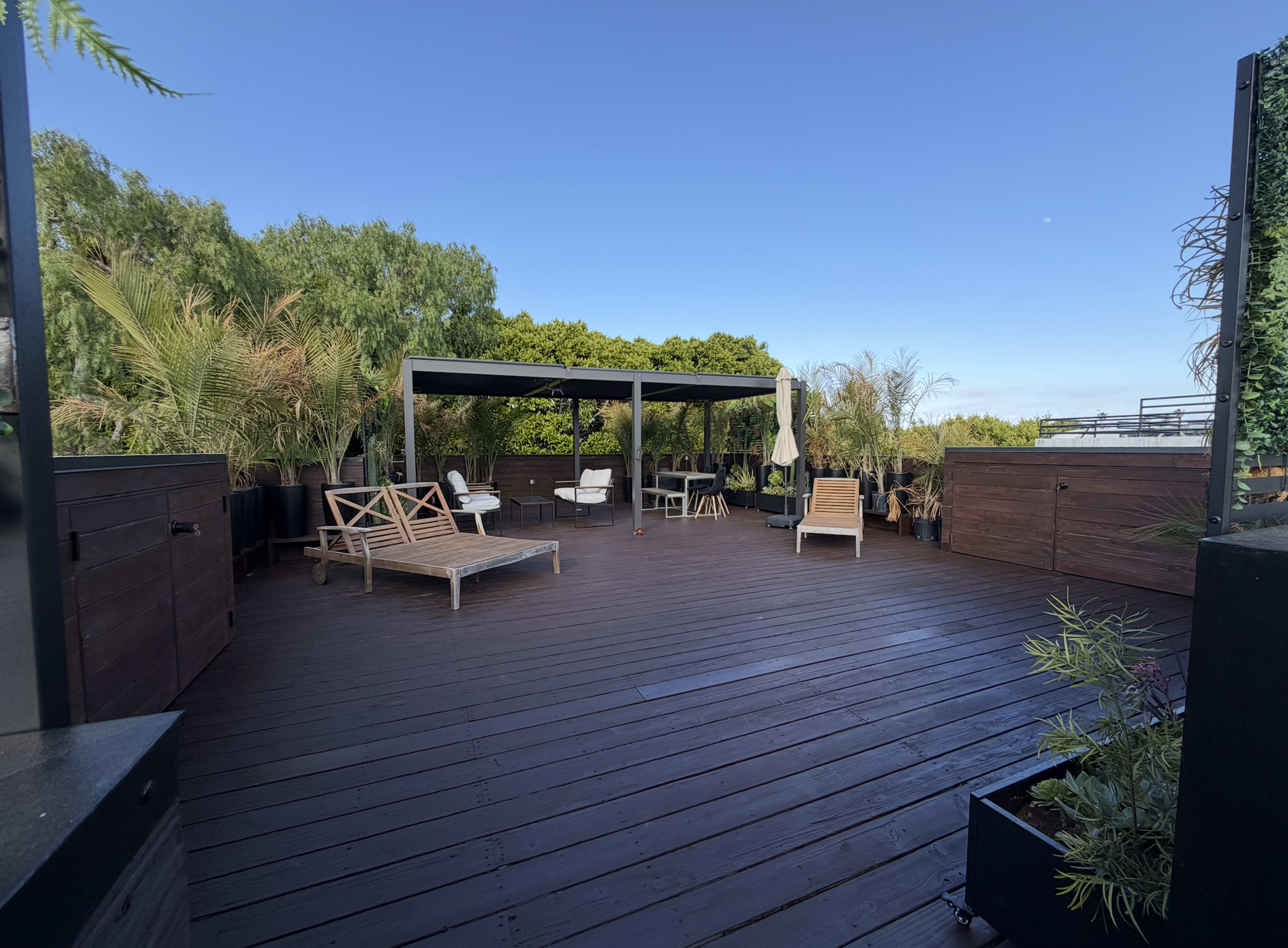 The image shows a spacious rooftop terrace with wooden flooring, various potted plants, lounge chairs, and a shaded seating area.