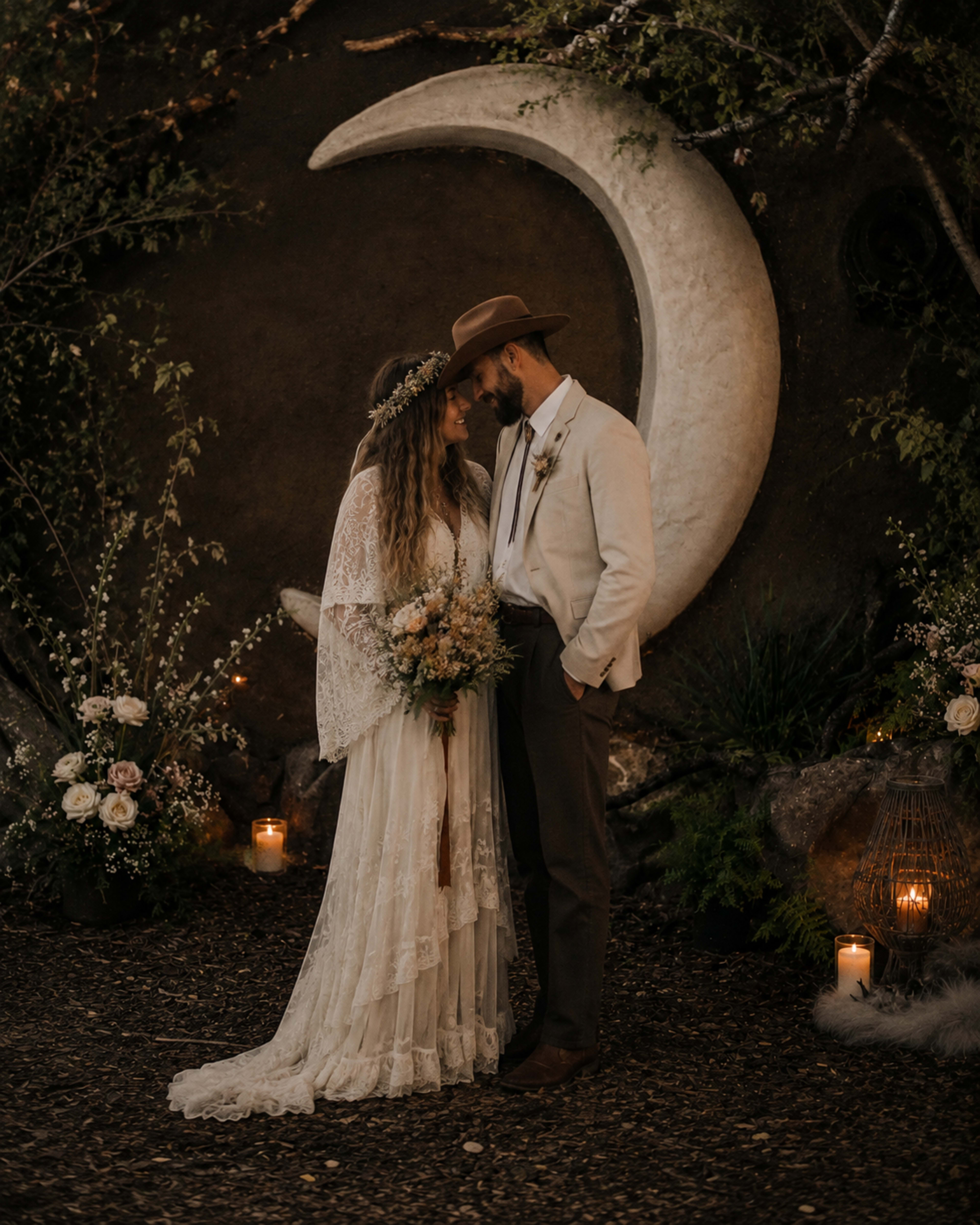 A bride and groom stand closely together in front of a large crescent moon decoration, surrounded by floral arrangements and candles.