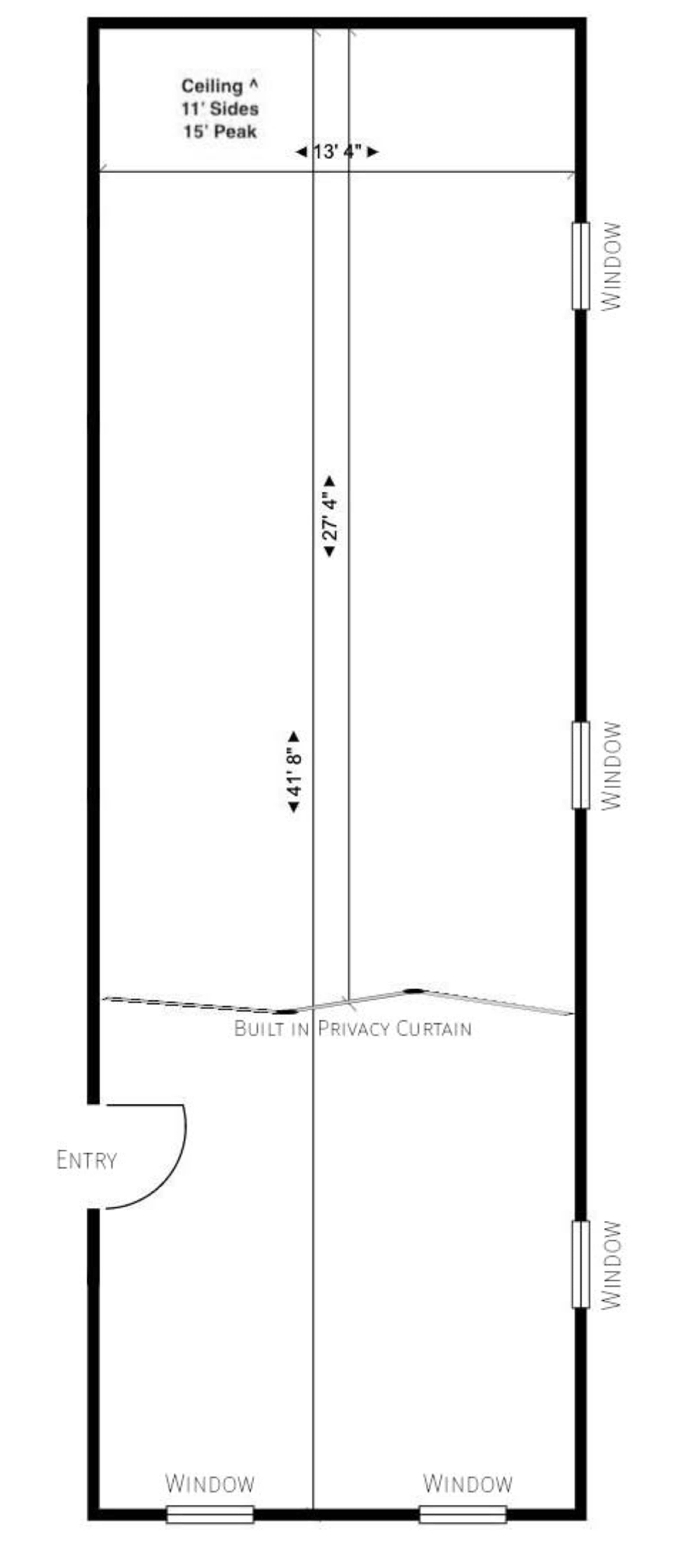 The image is a floor plan showing a rectangular room layout with dimensions, including an entry at one end and windows along the sides.