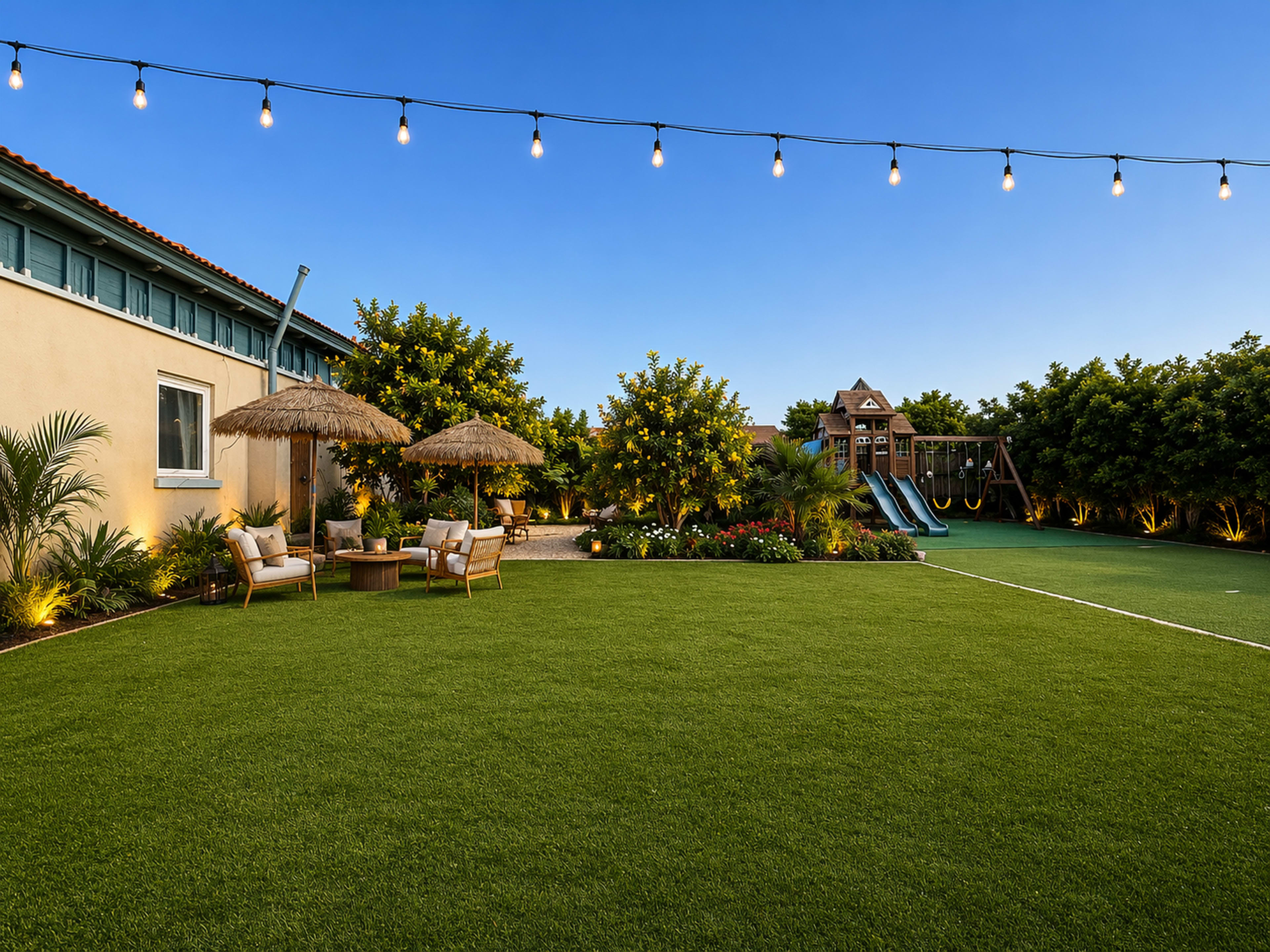 The image depicts a spacious backyard featuring a well-manicured artificial lawn, two thatched umbrellas over seating areas, colorful flowers, and a playset with slides and swings.
